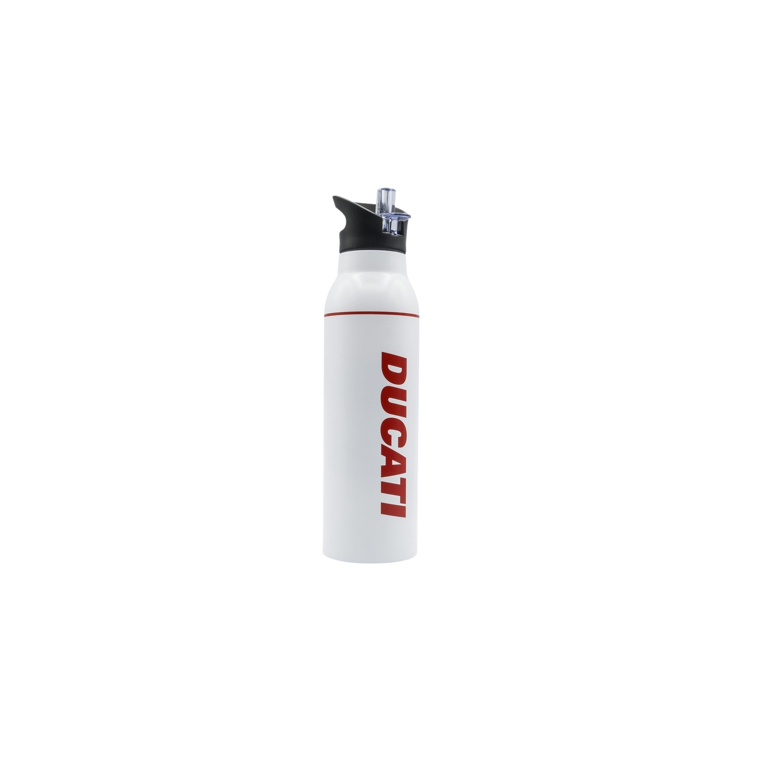 White water bottle with red DUCATI lettering. Black cap. Black background.