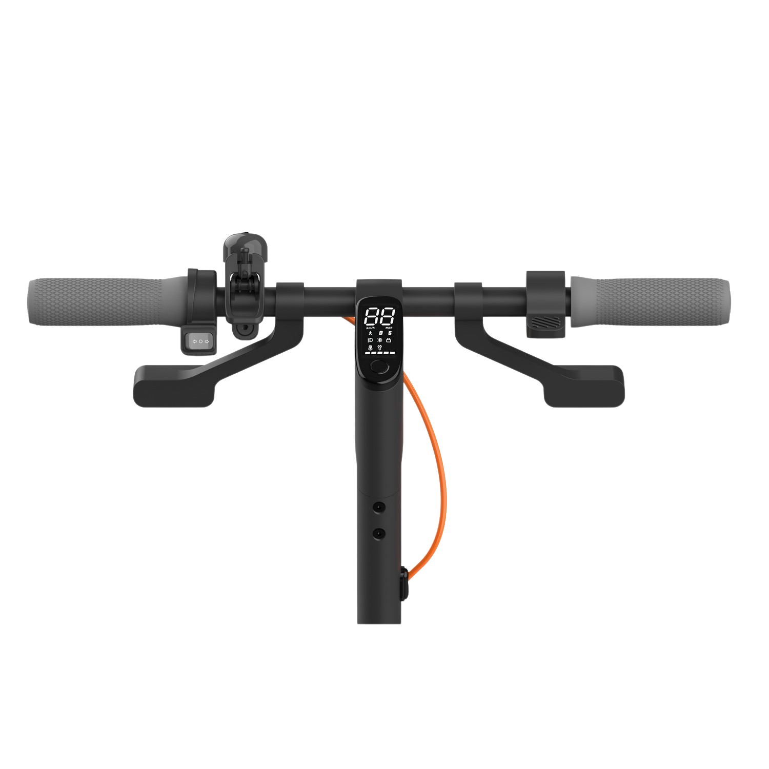 Elektrische scooter stuur met digitaal display, oranje kabel en grijze handvatten, zwarte achtergrond.