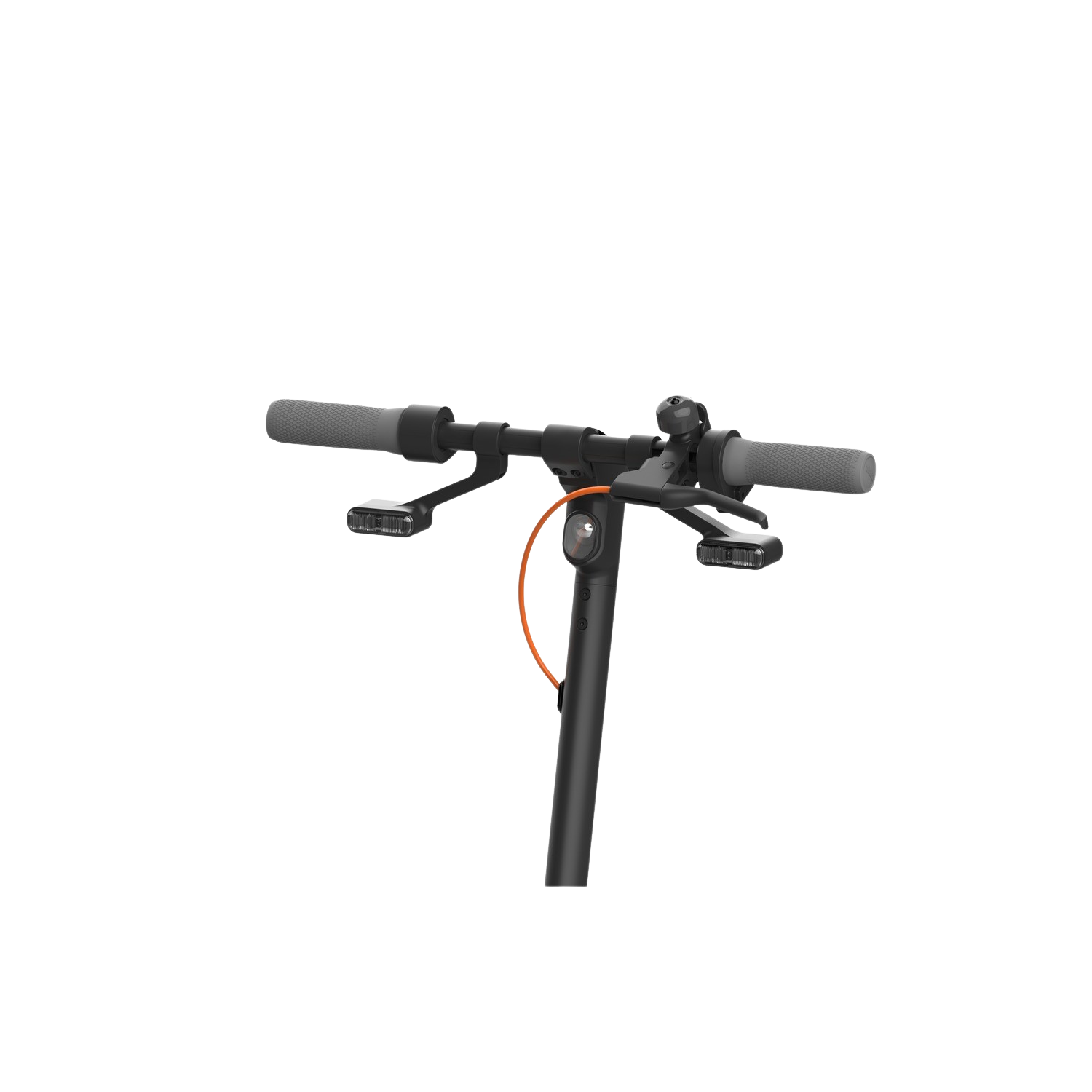 Zwart elektrisch scooterstuur met grijze handvatten en oranje kabel. Zwarte achtergrond.