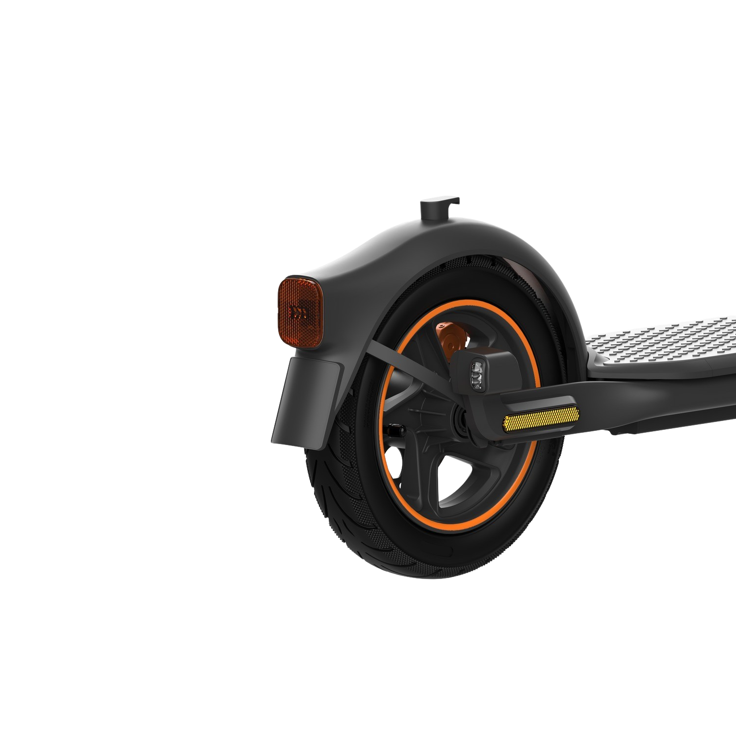Zwart elektrisch scooterwiel met een oranje licht.