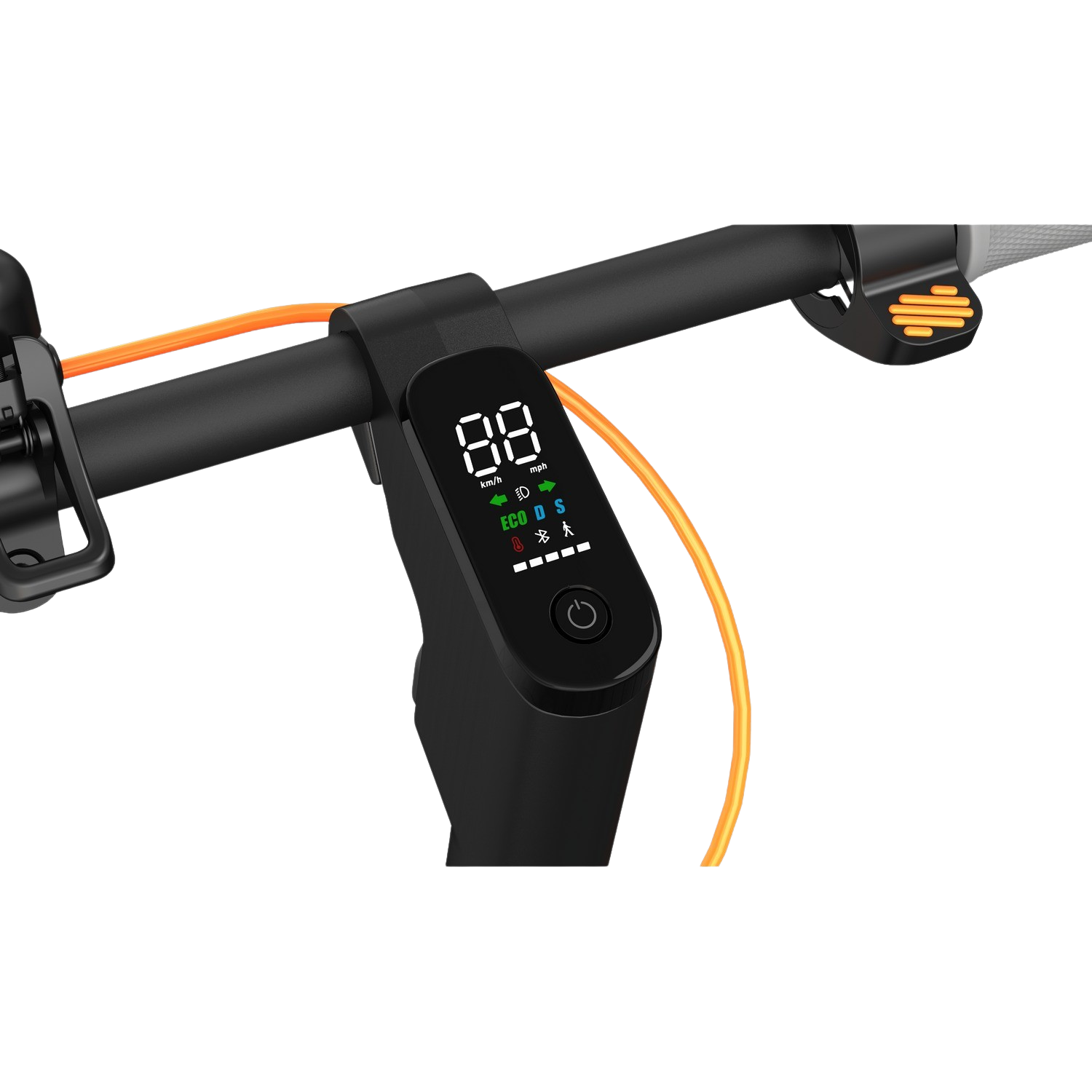 Close-up van het stuur van een elektrische step met display dat snelheid en modus toont.