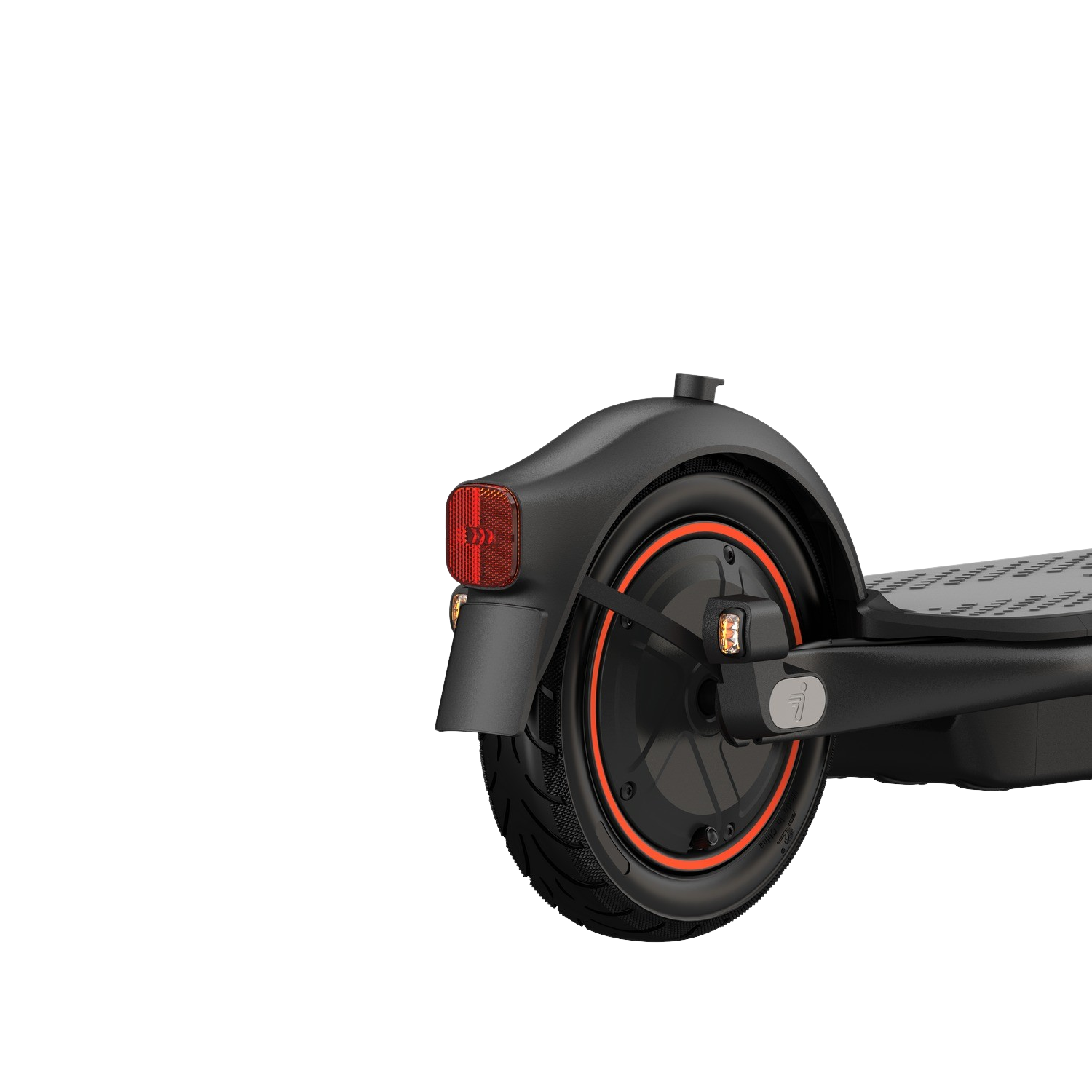 Achterwiel en spatbord van elektrische scooter. Zwarte en oranje details. Zwarte achtergrond.