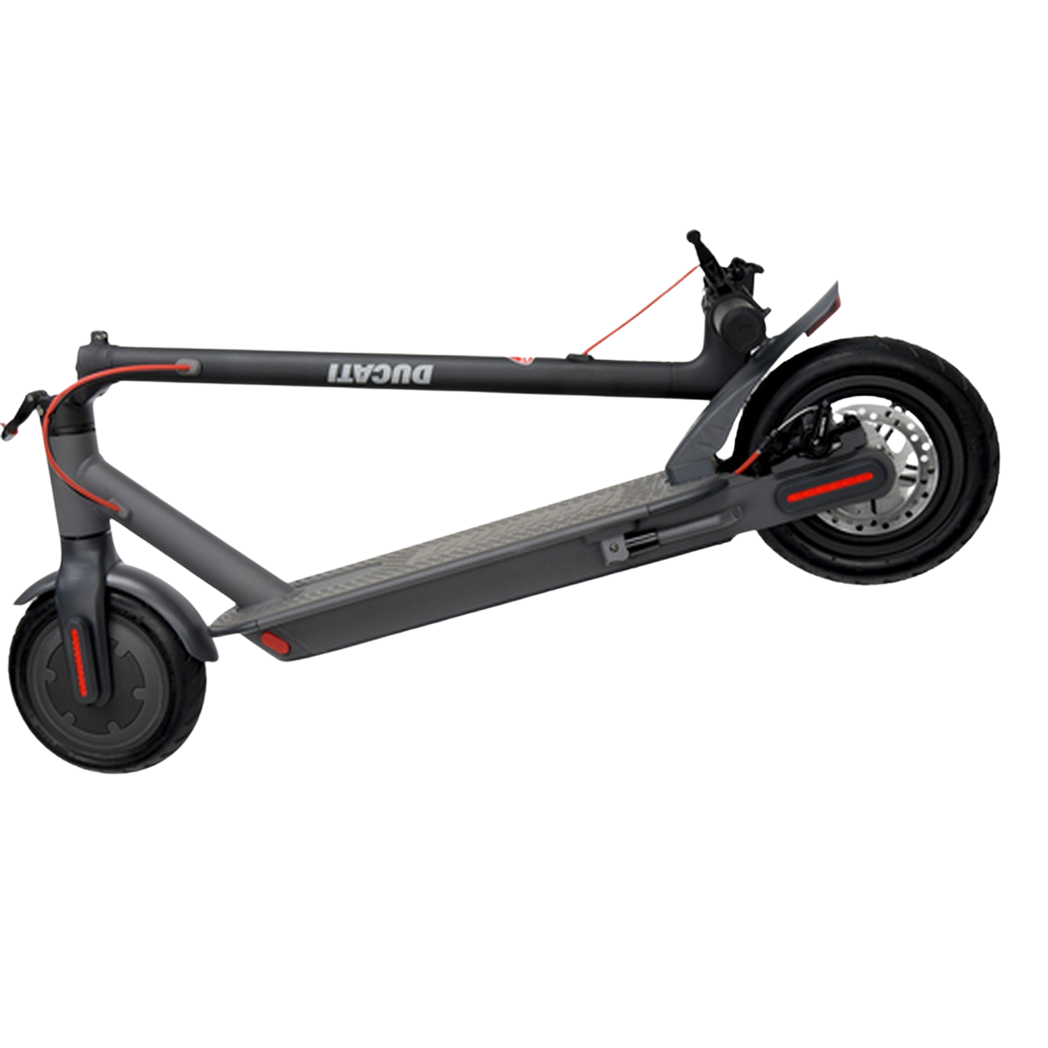 Szary skuter Ducati na czarnym tle, ustawiony pod kątem.