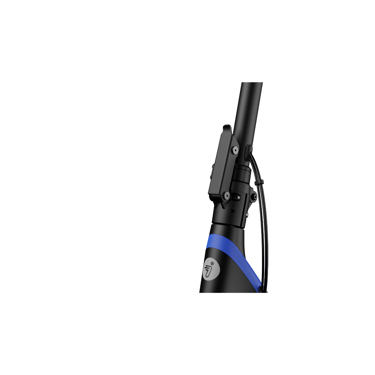 Gros plan sur le guidon noir d'une trottinette électrique avec des accents bleus. La trottinette est sur fond noir.