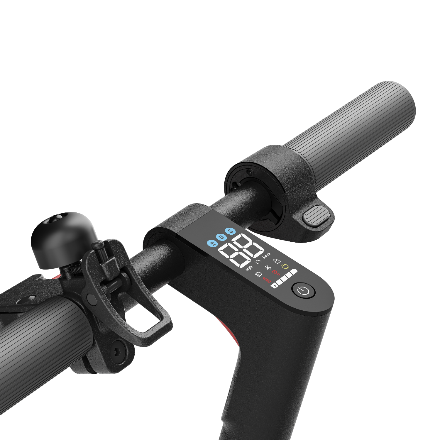 Primo piano del manubrio di uno scooter elettrico nero con display e campanello.