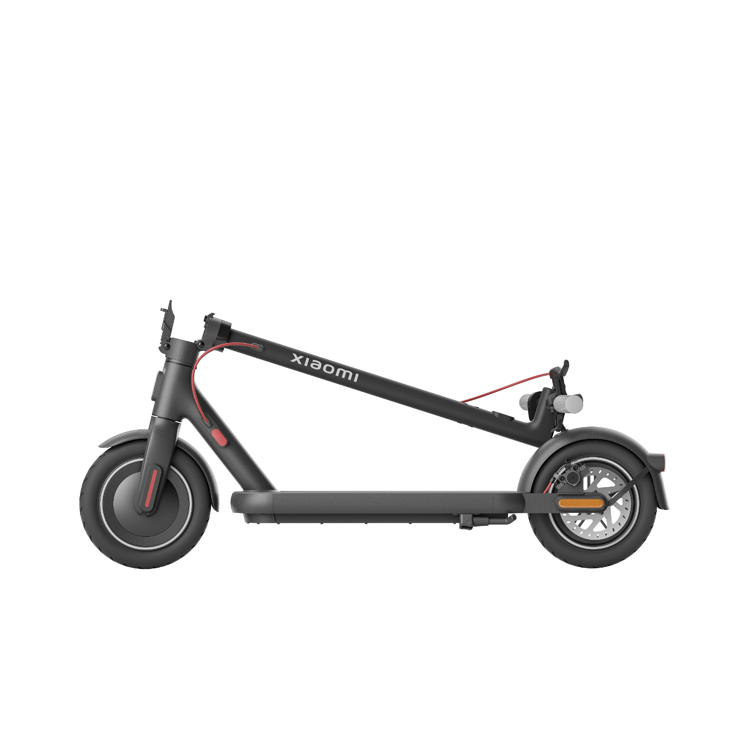 Un monopattino elettrico Xiaomi nero su sfondo nero, con cavo e dettagli rossi.