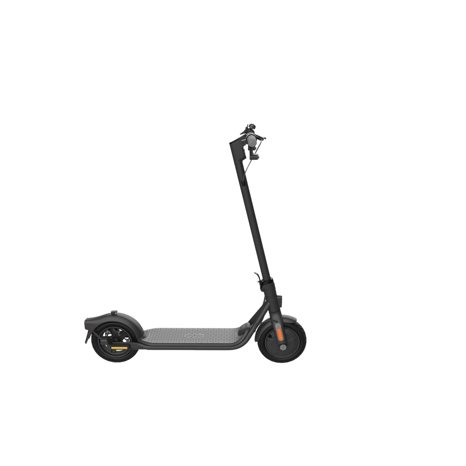 Zwarte elektrische scooter op zwarte achtergrond, met oranje accenten, strak design.