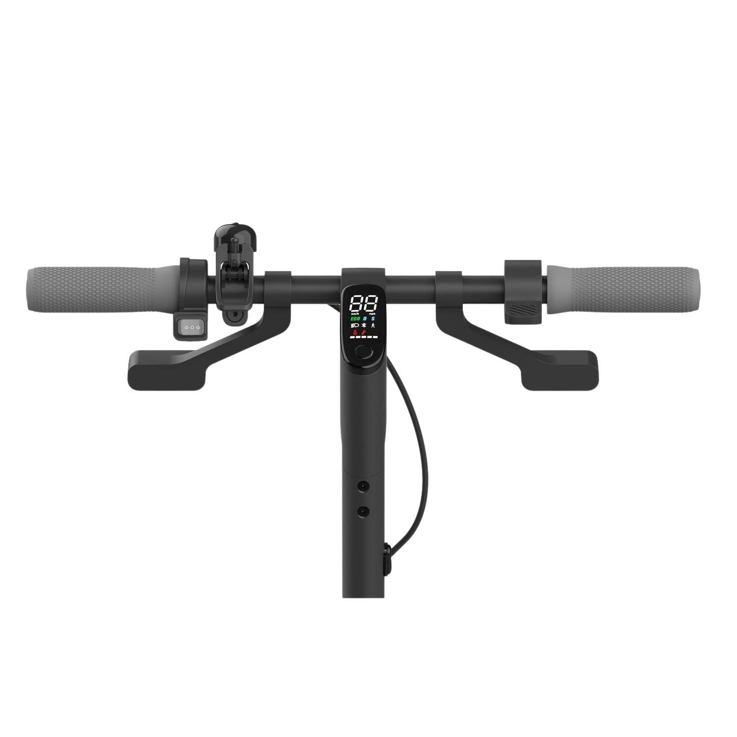 Elektrische scooter stuur met digitaal display en grijze handvatten, zwarte achtergrond.