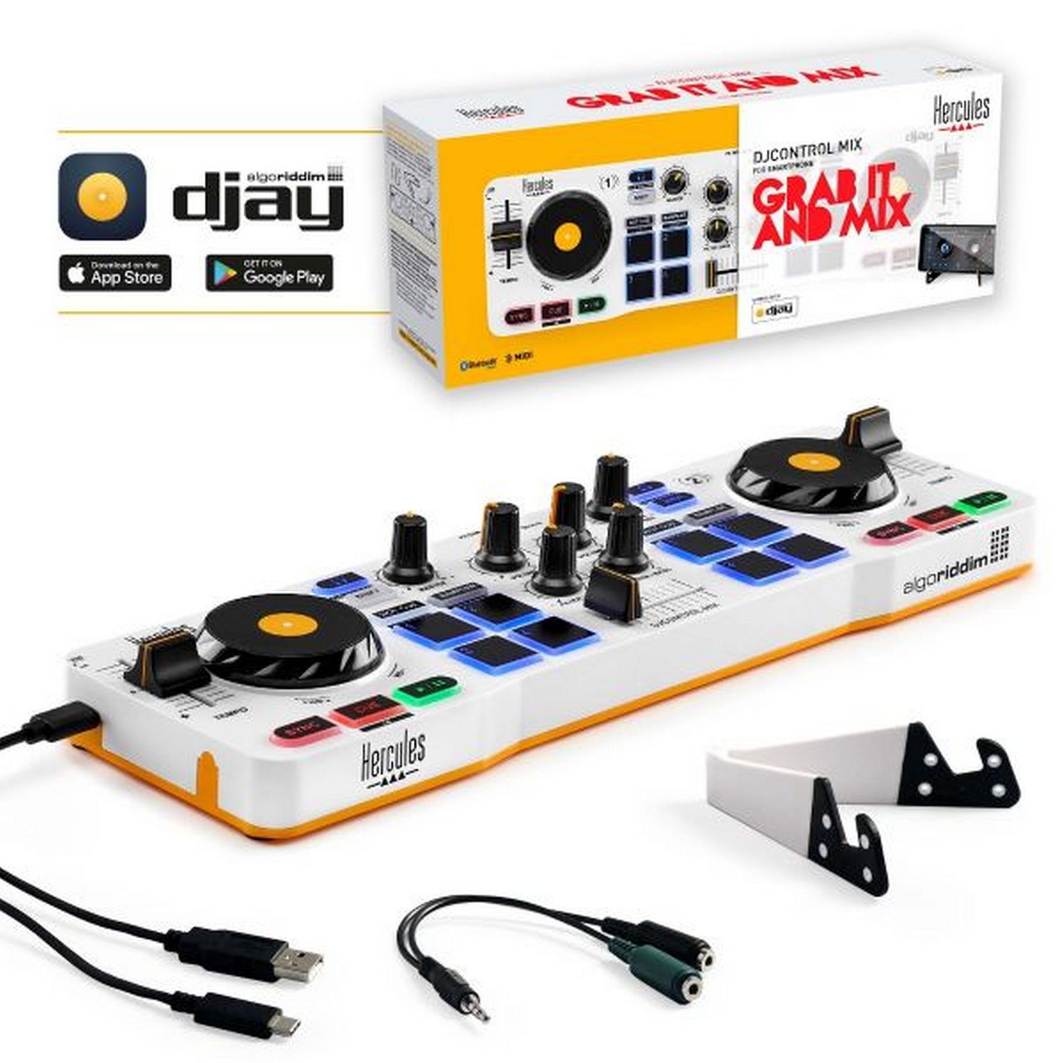 DJ-controller met een wit en geel ontwerp, een doos en kabels, op een witte achtergrond.