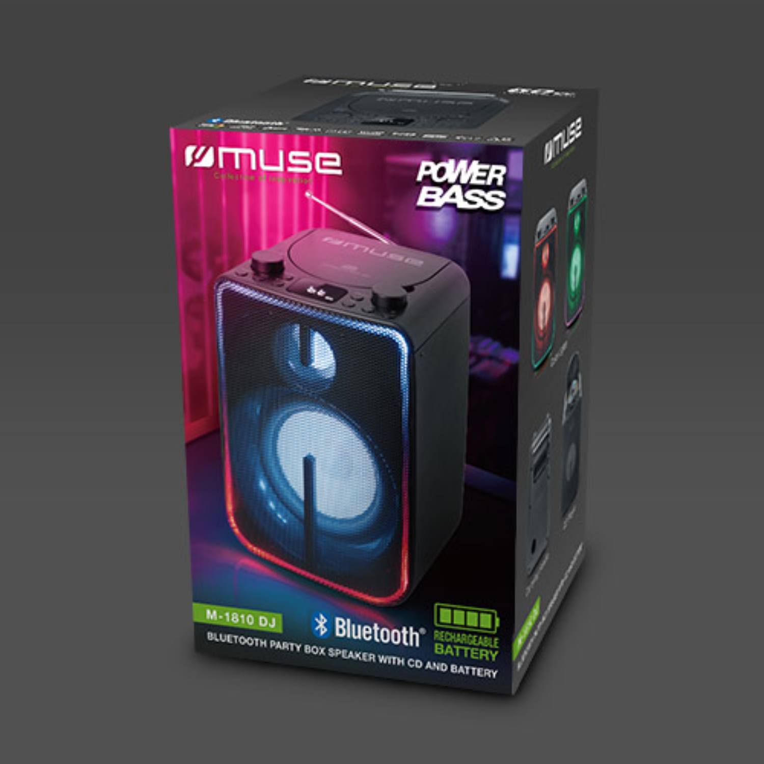Una cassa acustica con lettore CD. La scatola ha un display a LED colorato. Lo sfondo è grigio scuro.