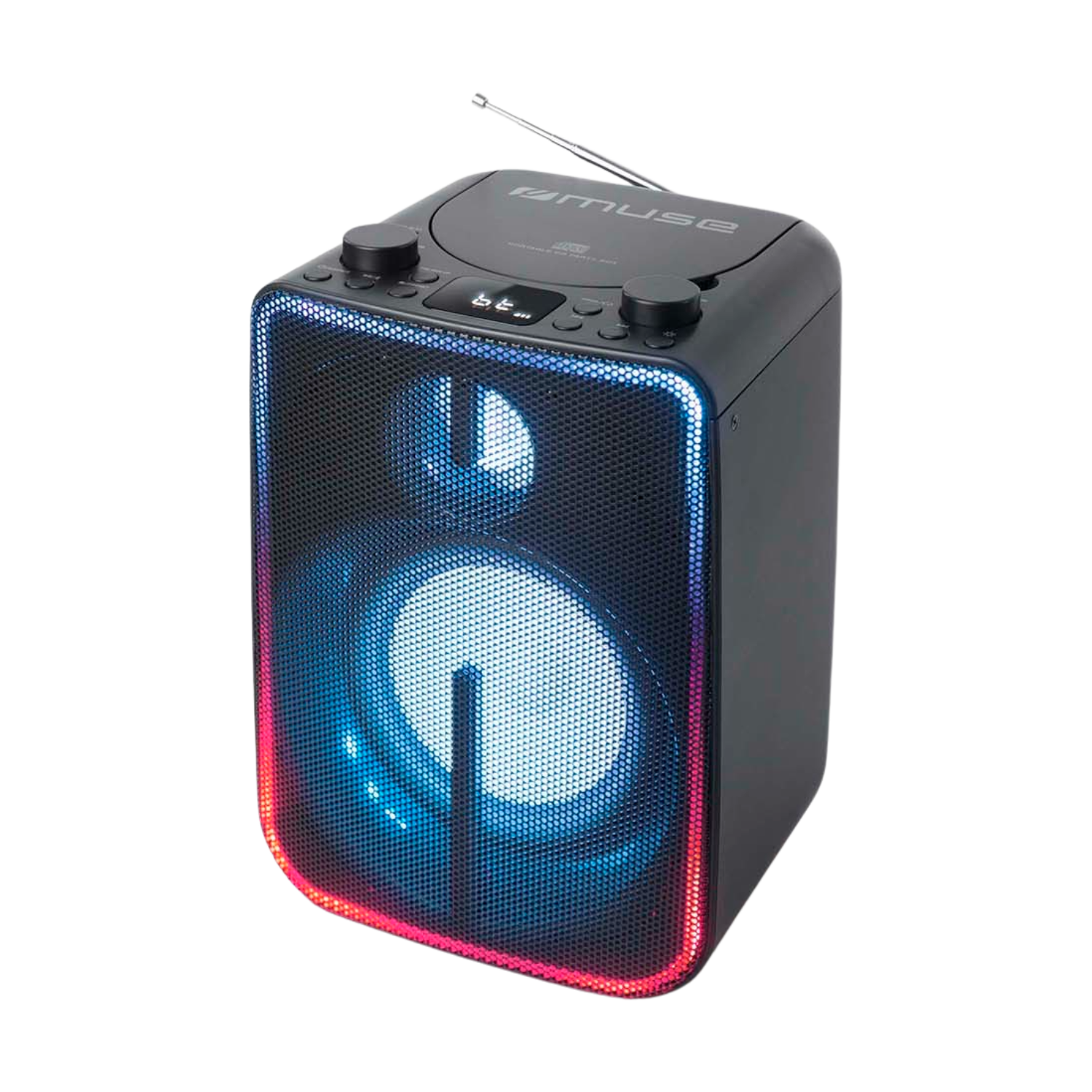 Altoparlante portatile nero con luci colorate e un'antenna radio. Ha uno slot per CD e pulsanti di controllo.