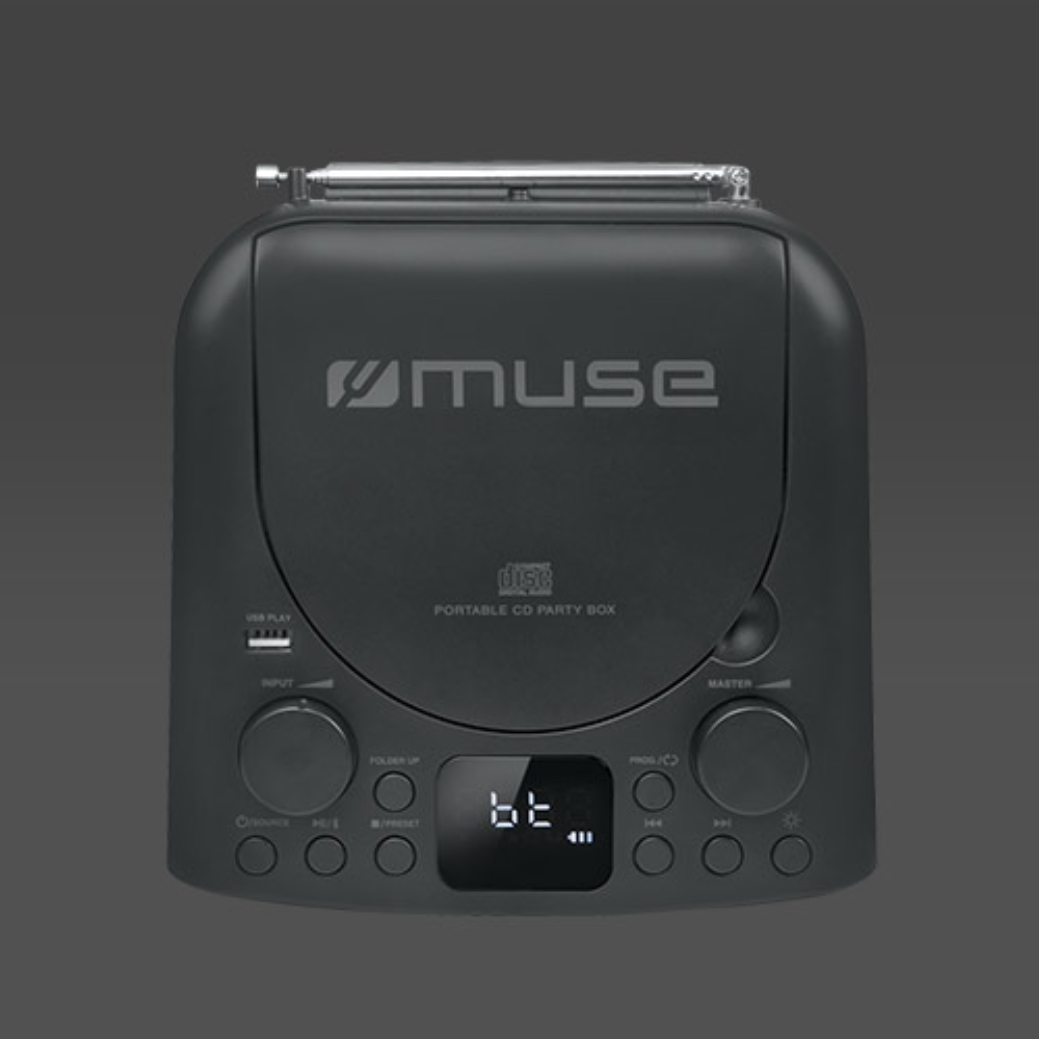 Lettore CD portatile nero con display e pulsanti, con il logo Muse.
