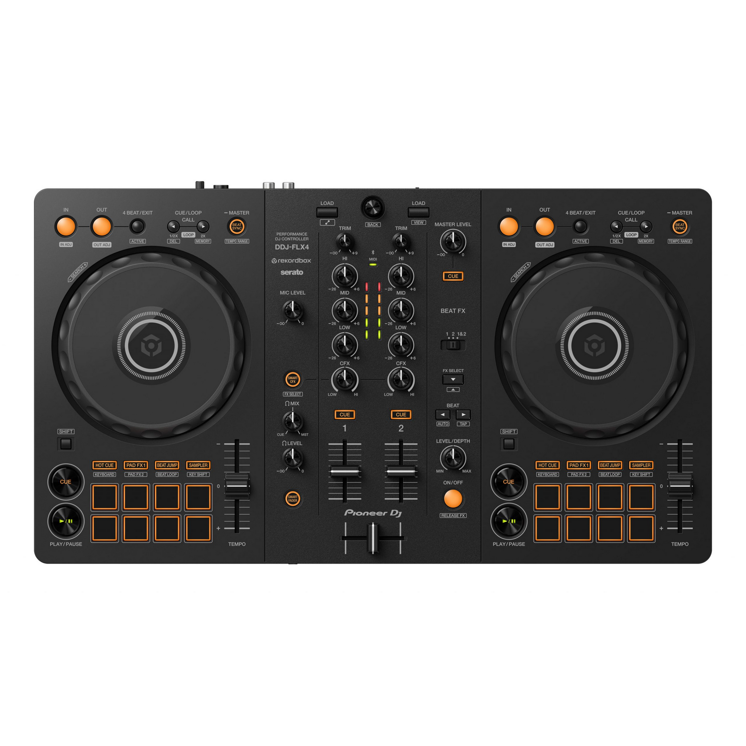 Schwarzer DJ-Controller mit orangefarbenen und schwarzen Knöpfen. Weißer Hintergrund.