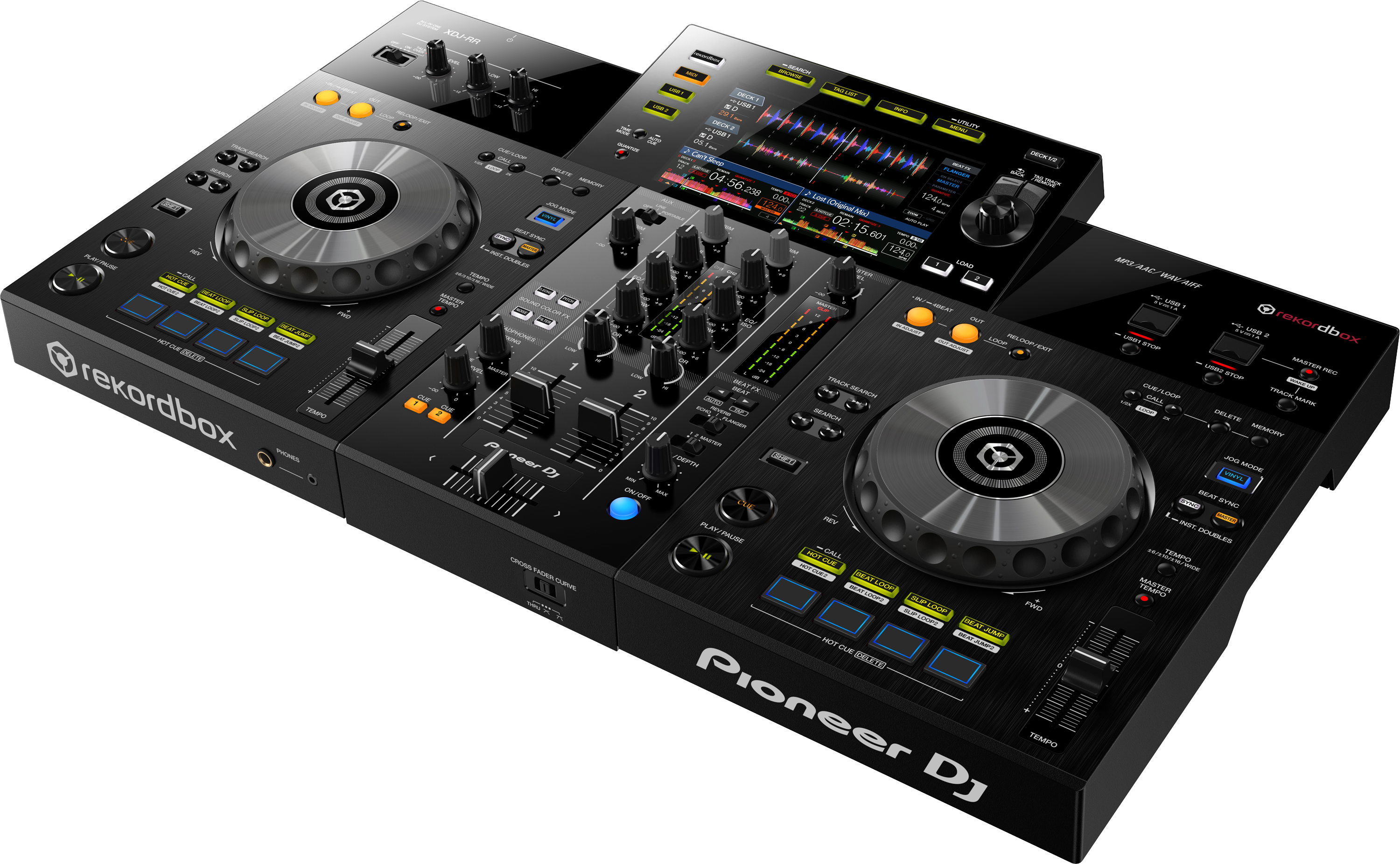 Attrezzatura DJ con due giradischi, mixer e schermi, nero e argento.