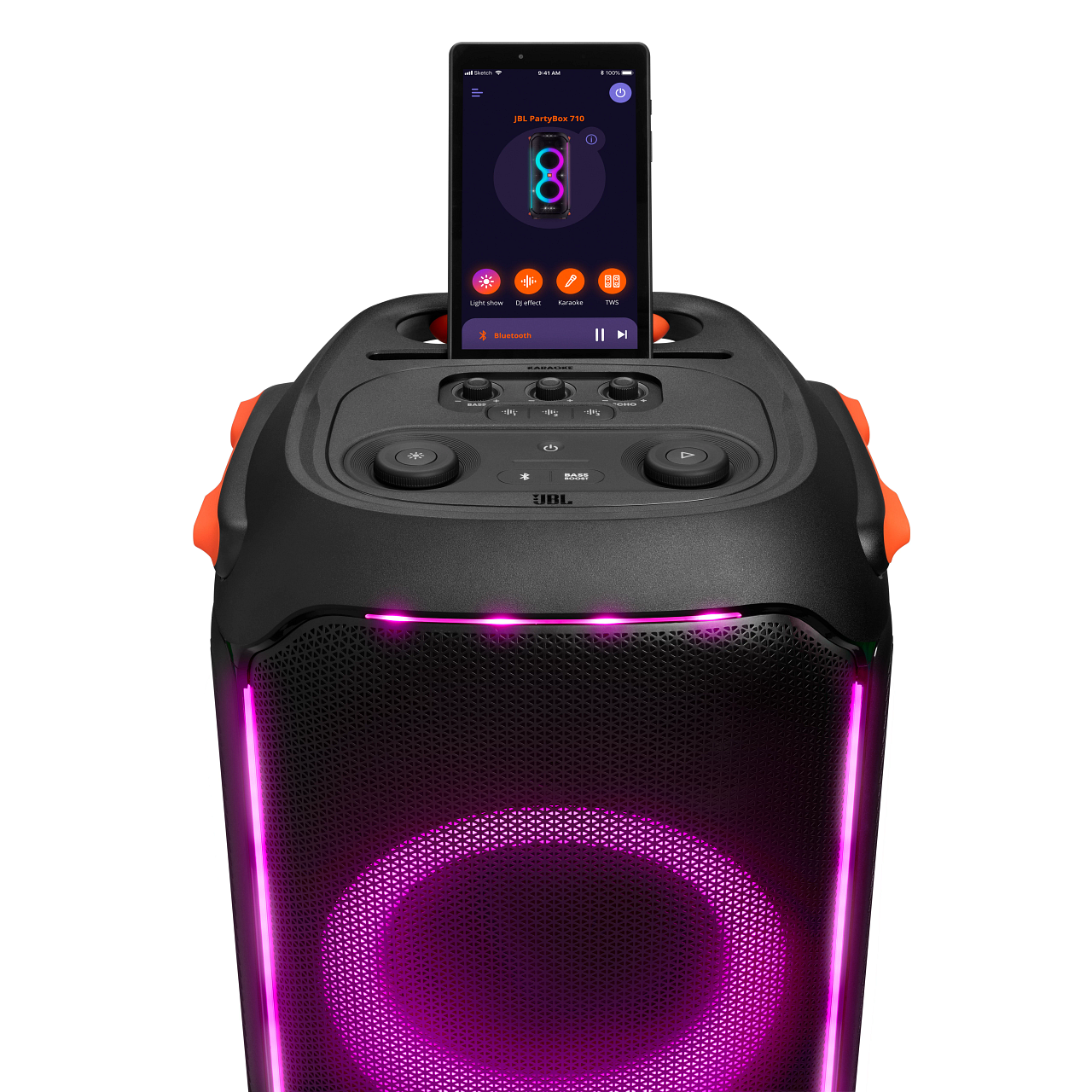 Czarny głośnik JBL PartyBox z tabletem na górze. Różowy pierścień światła.