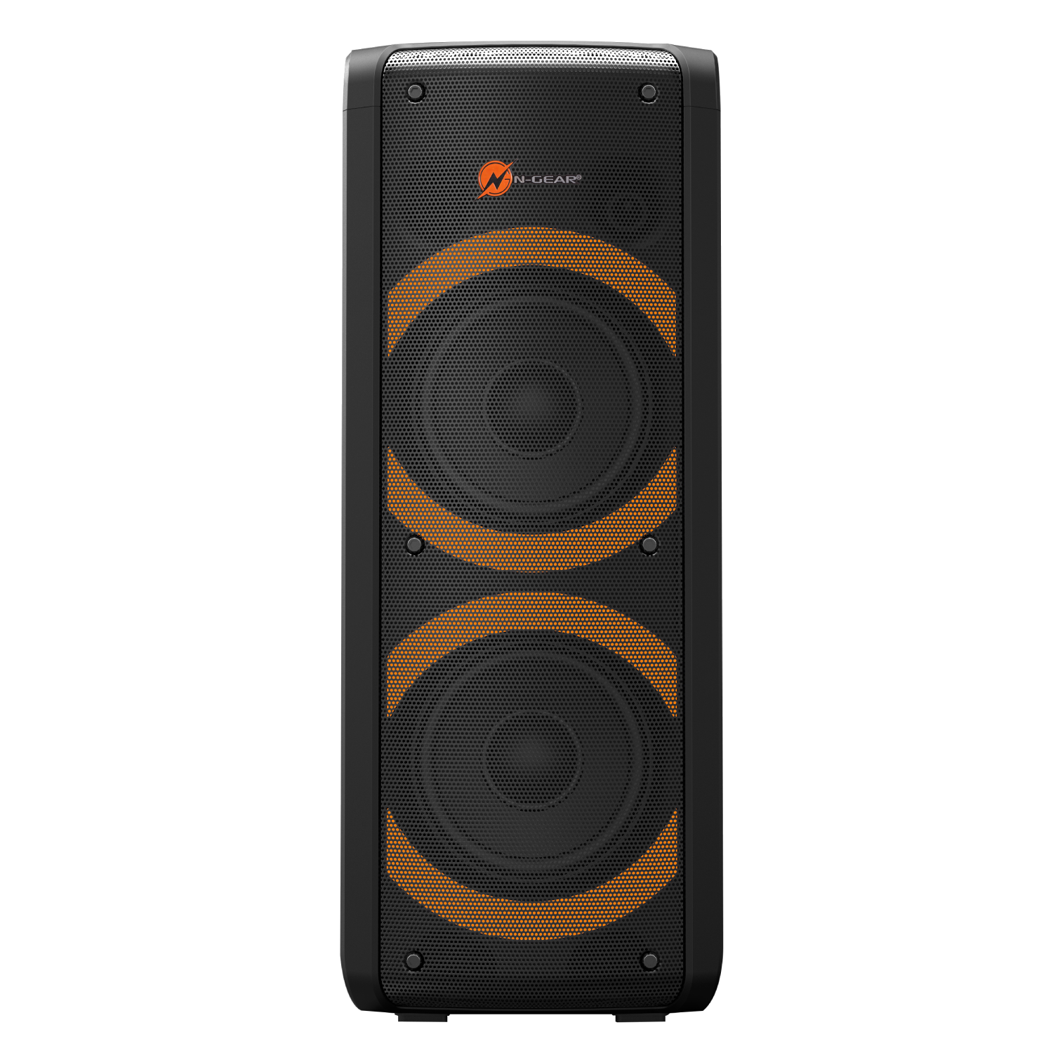Zwarte speaker met oranje cirkels, op een zwarte achtergrond.