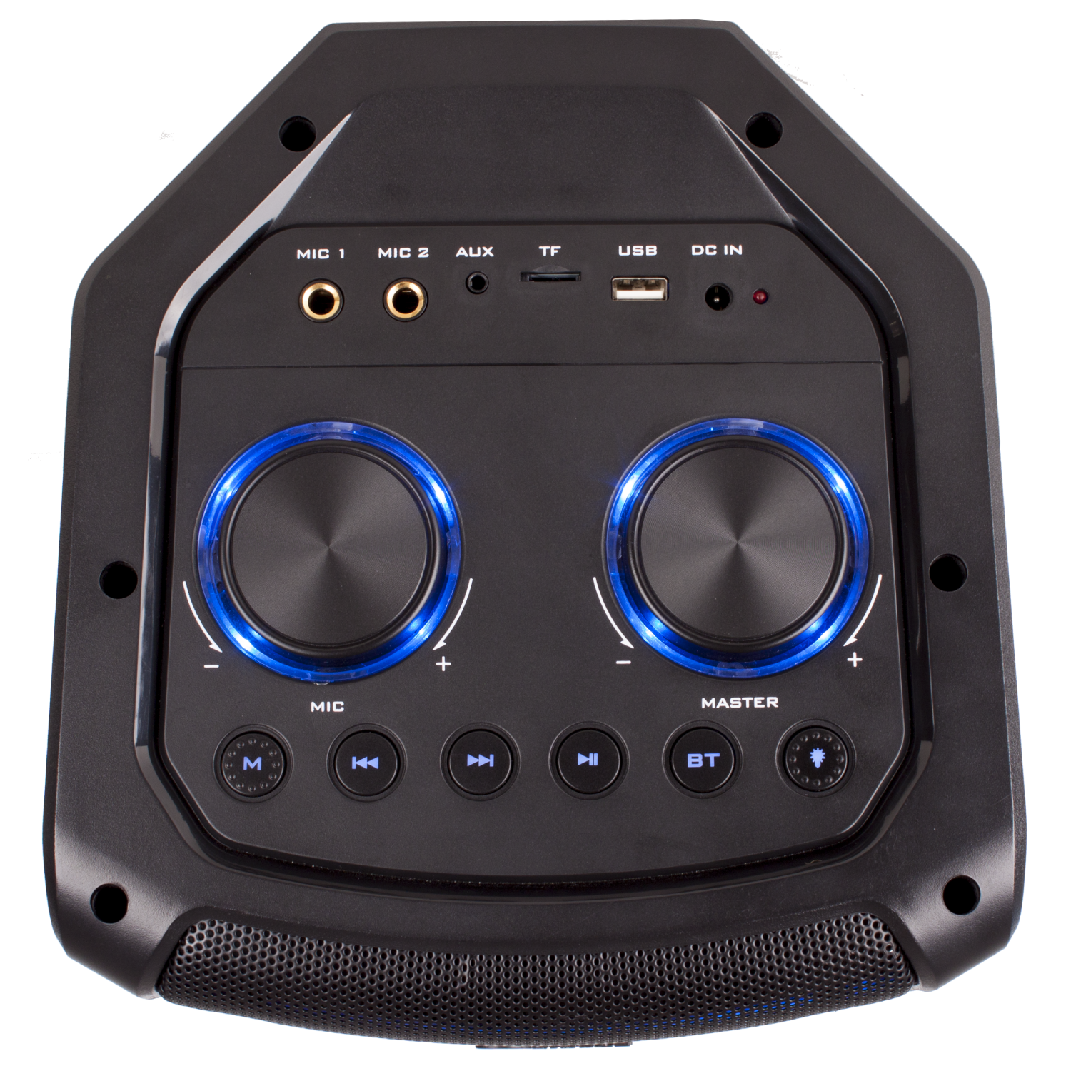 DJ-mixer met knoppen, draaiknoppen en twee blauw verlichte bedieningsknoppen.