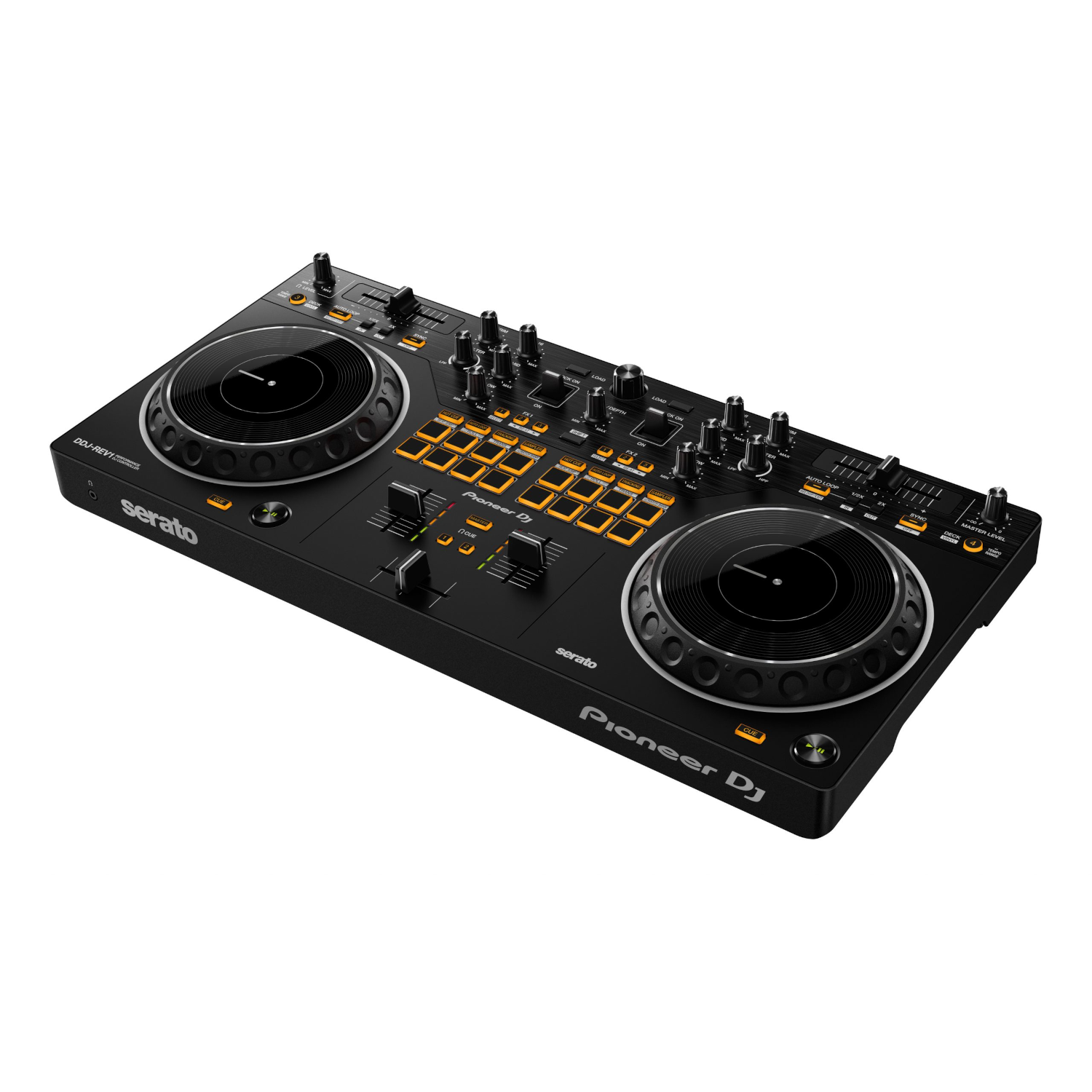Ein schwarzer Pioneer DJ-Controller mit vielen Knöpfen und zwei Plattenspielern.