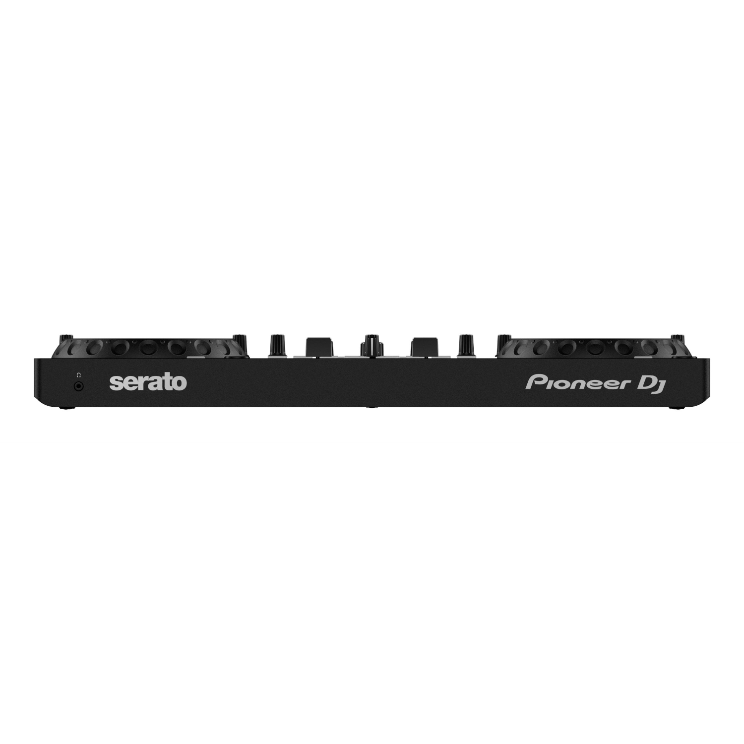Schwarzer Pioneer DJ-Controller mit Serato-Logo und Pioneer DJ-Branding, Knöpfen und Fadern.