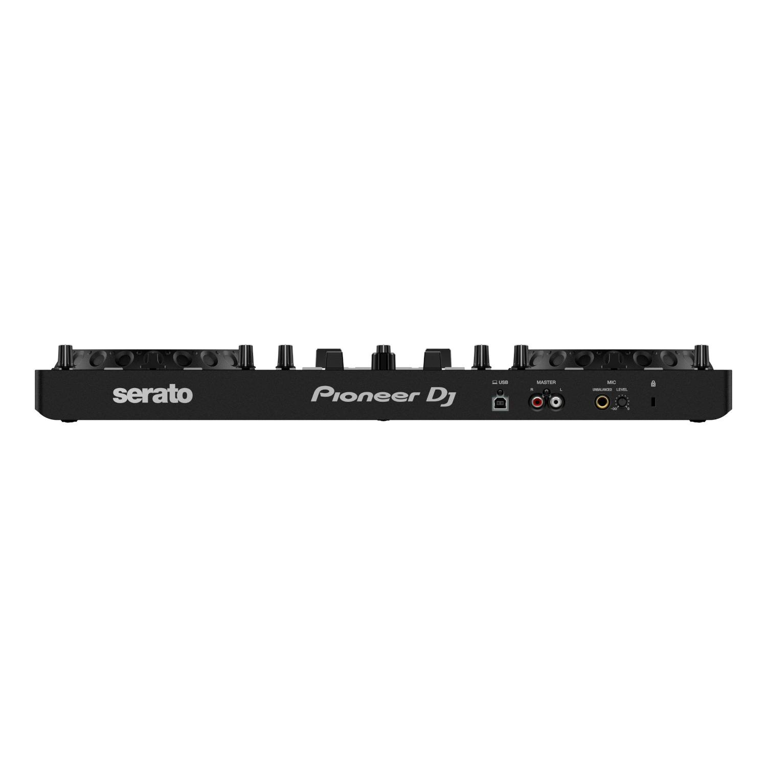 Schwarzer DJ-Controller mit Knöpfen. Serato- und Pioneer DJ-Logos. Weißer Hintergrund.