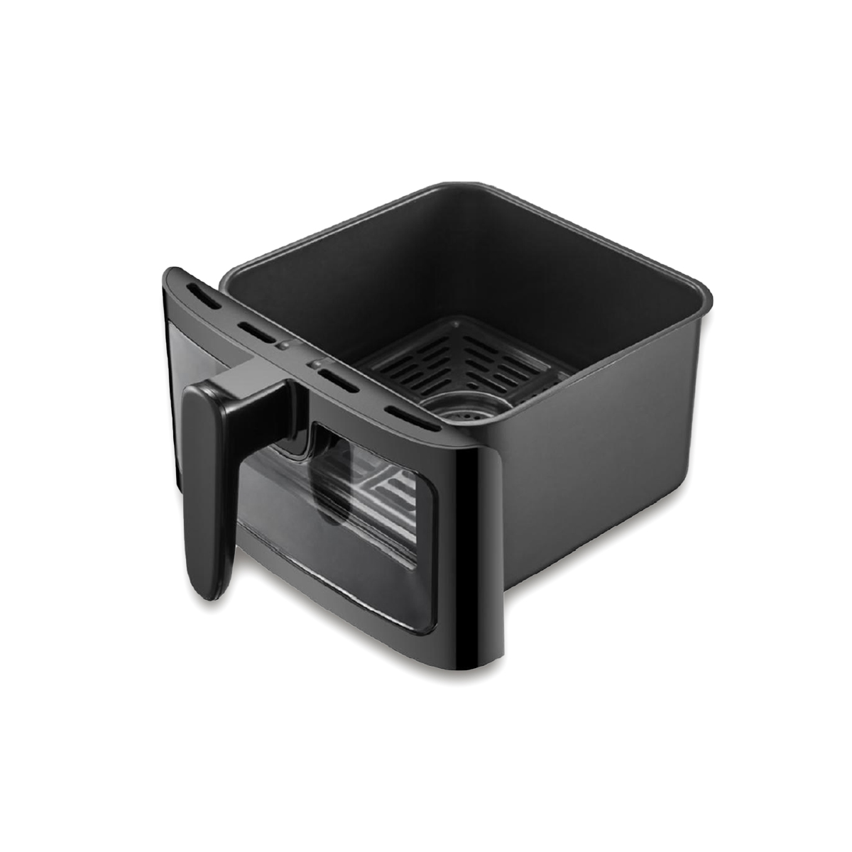 Cesta de freidora de aire negra con asa y diseño abierto, aislada sobre blanco.