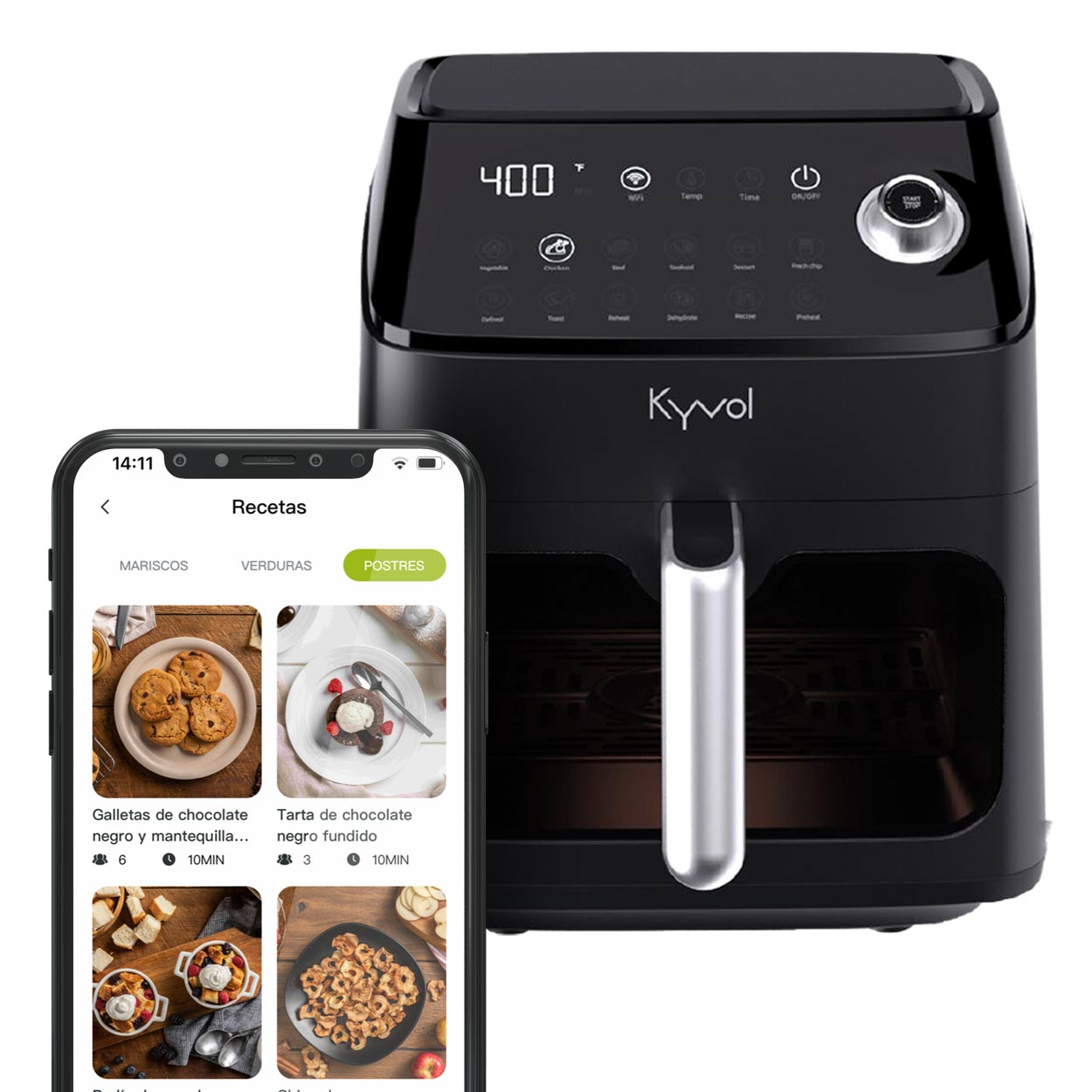 Freidora de aire negra y teléfono con recetas. La app muestra recetas de chocolate y más.