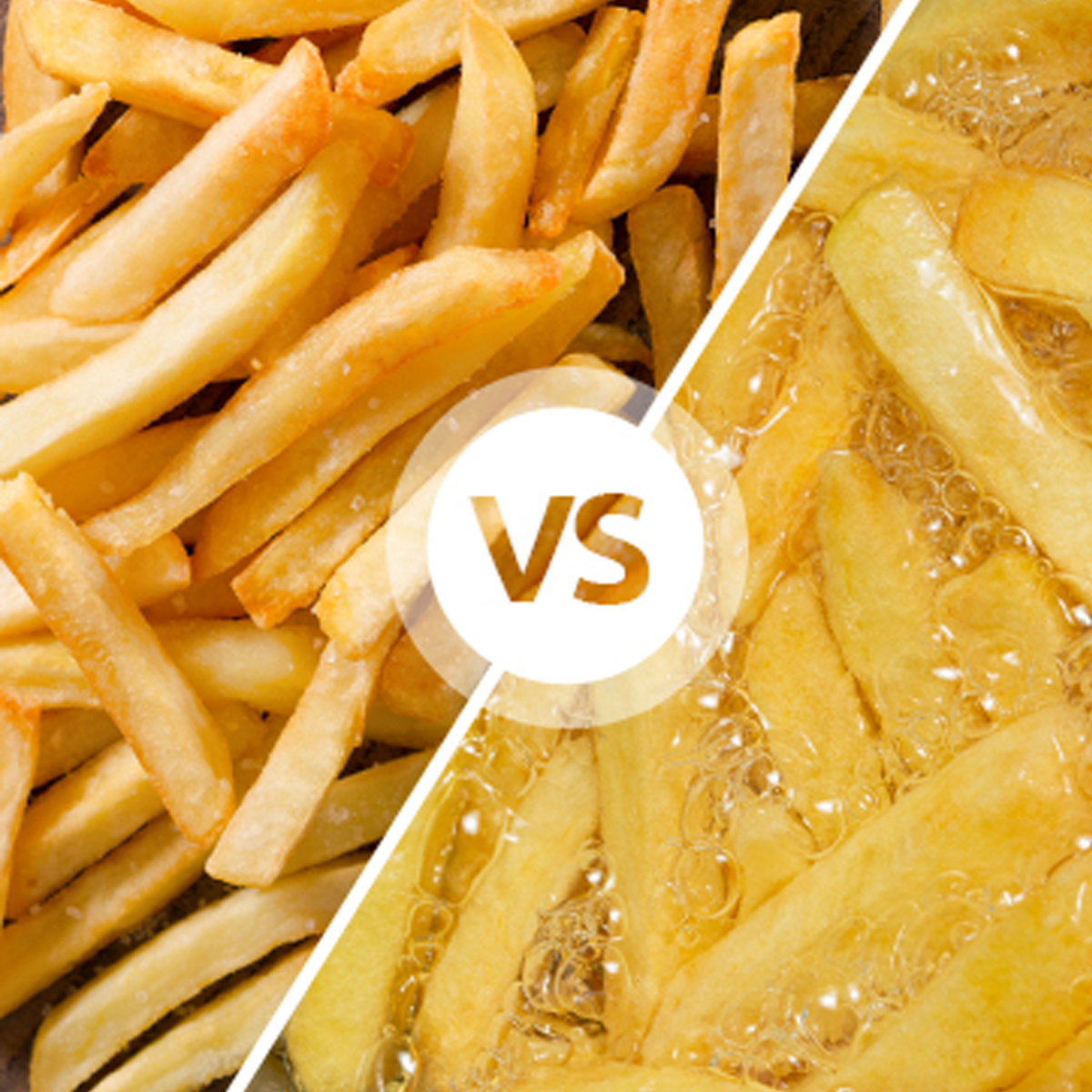 Patatas fritas. Un lado está cocido, el otro se está friendo en aceite caliente.