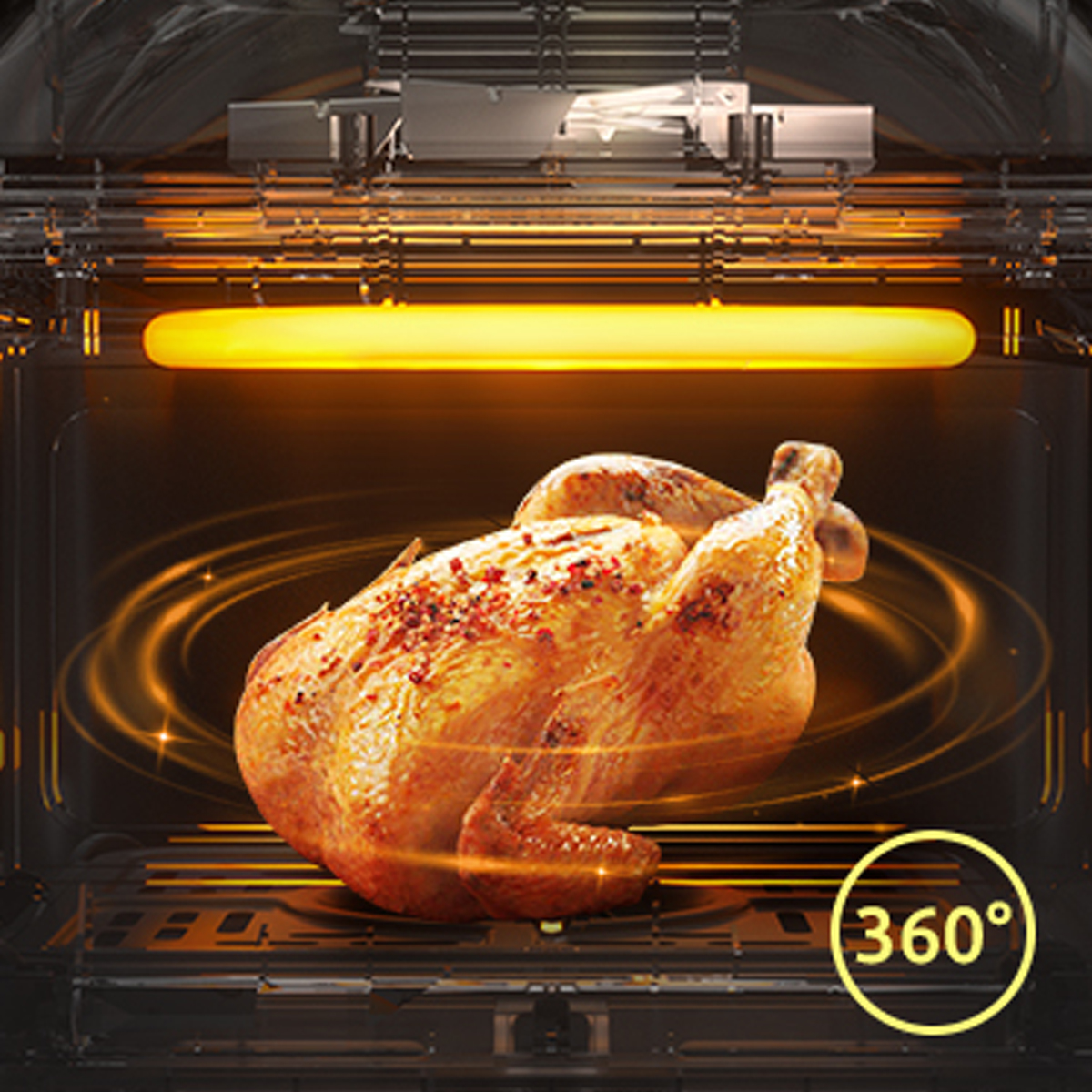 Pollo asado dentro de un horno con un símbolo de 360° y luz naranja, cocinándose.