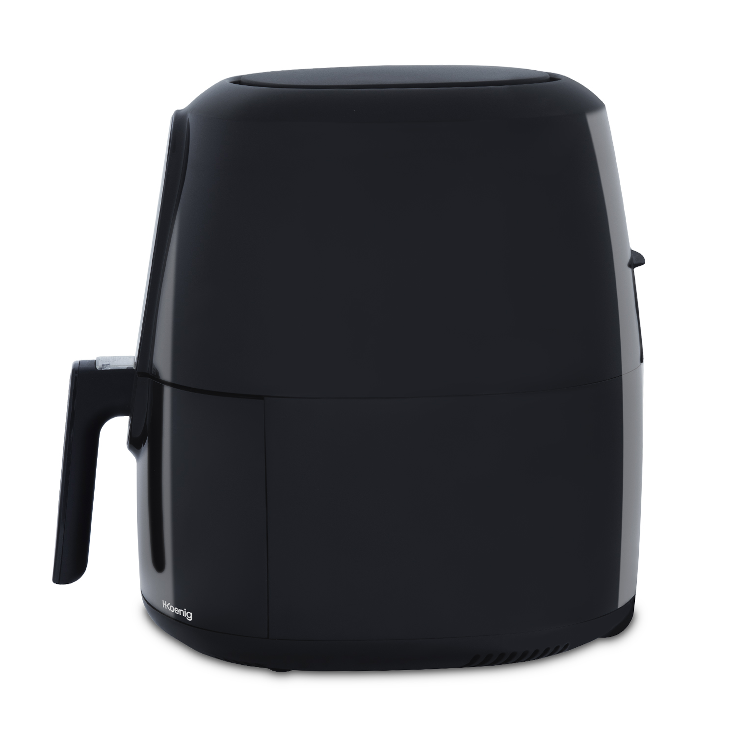 Czarna frytkownica powietrzna z uchwytem i widoczną marką 'Koenig'.