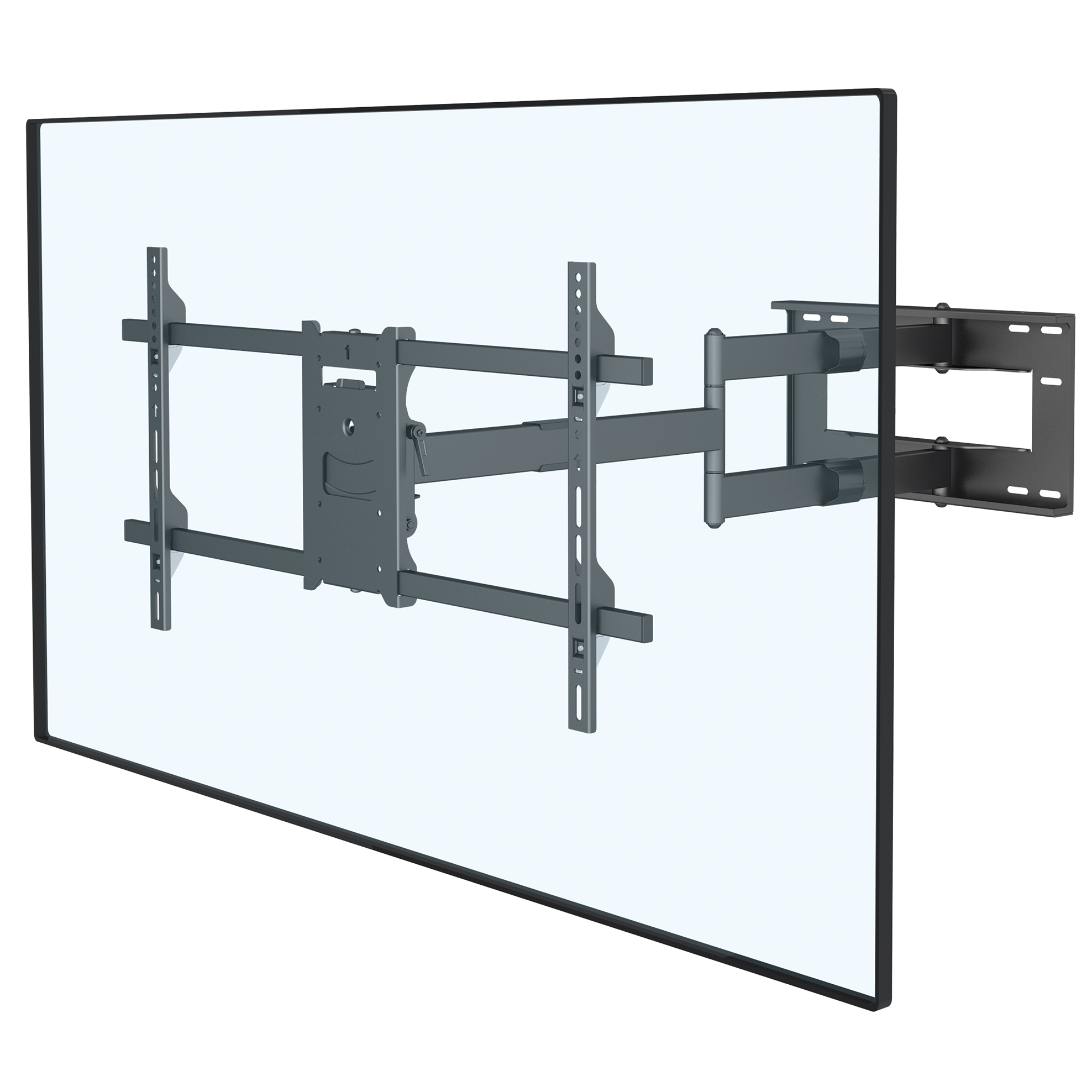 Schwarze TV-Halterung an weißer Wand. Gelenkig, mit mehreren beweglichen Teilen.