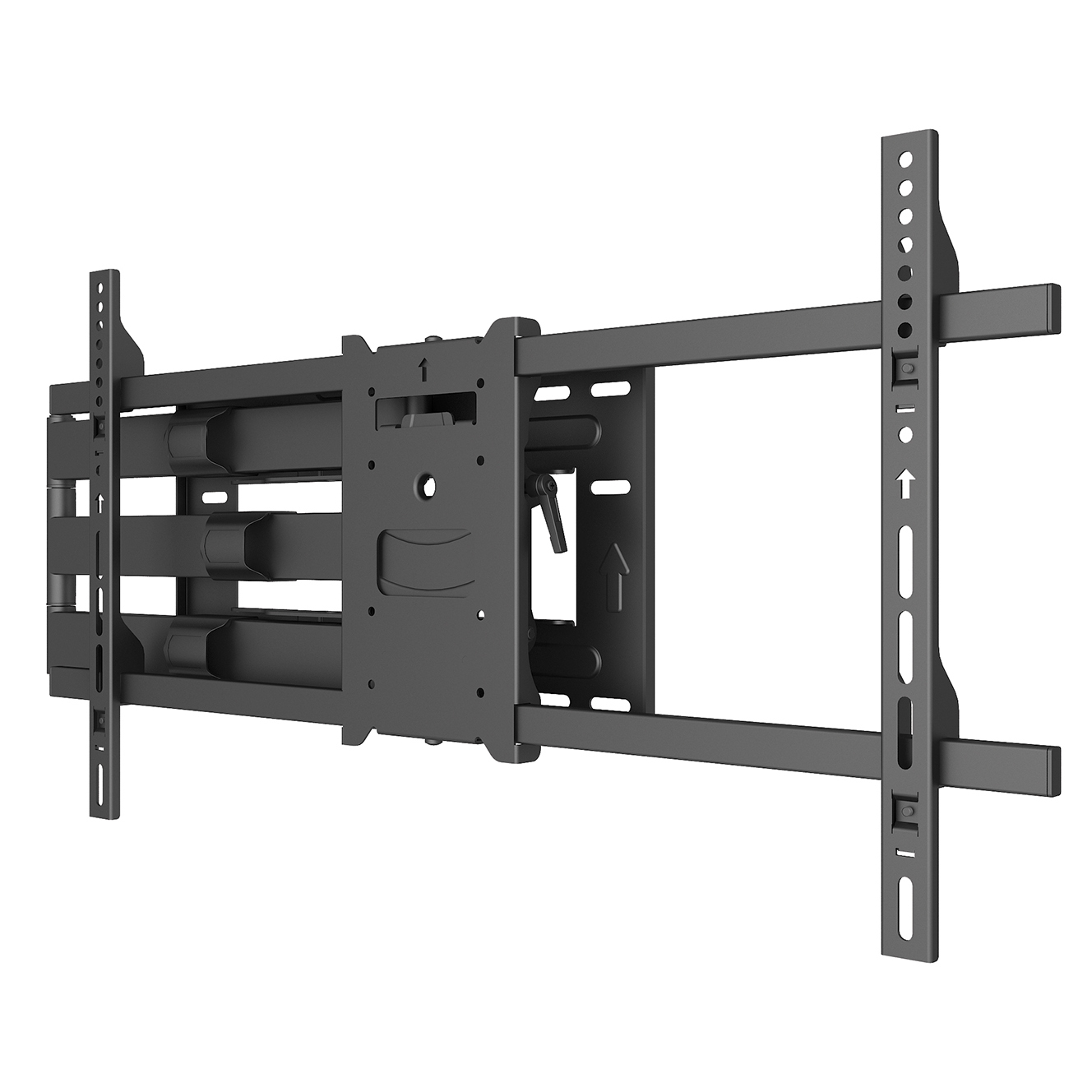 Schwarze TV-Wandhalterung. Sie hat mehrere horizontale Stangen und vertikale Befestigungskomponenten.