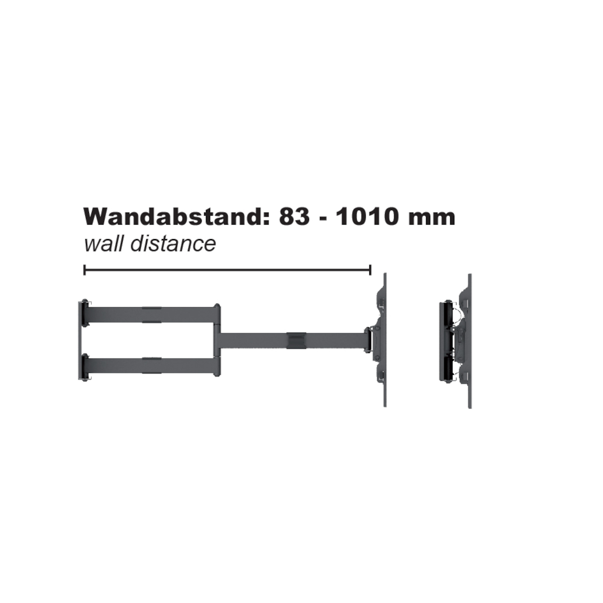 Diagramm einer Wandhalterung mit Wandabstandsmessungen, isoliert auf Weiß.