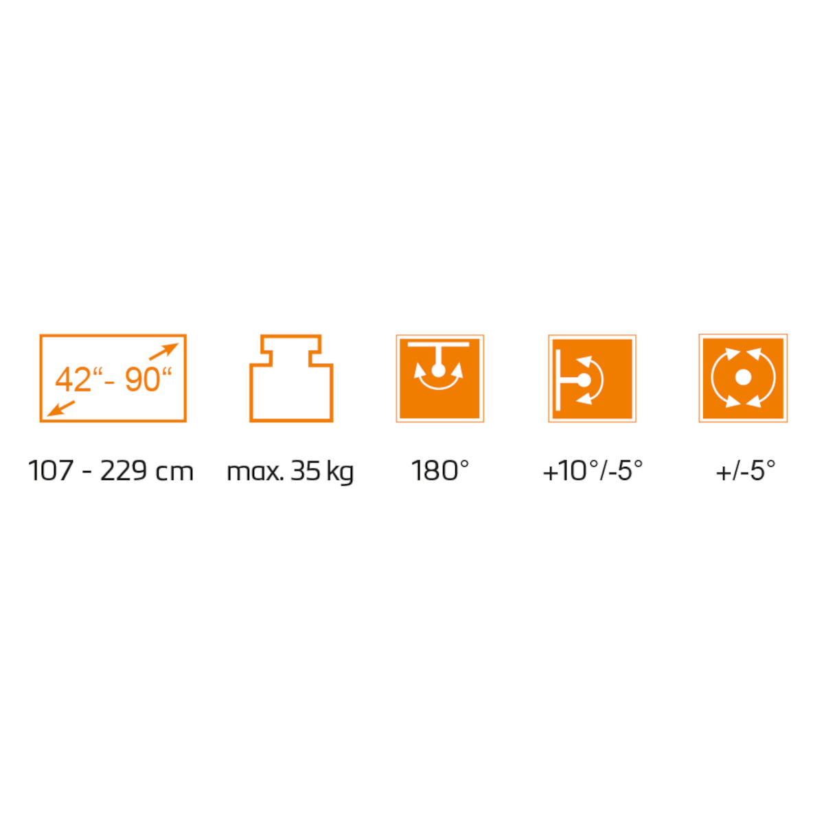 Symbole mit Abmessungen und Spezifikationen für eine TV-Halterung, schwarzer Hintergrund.