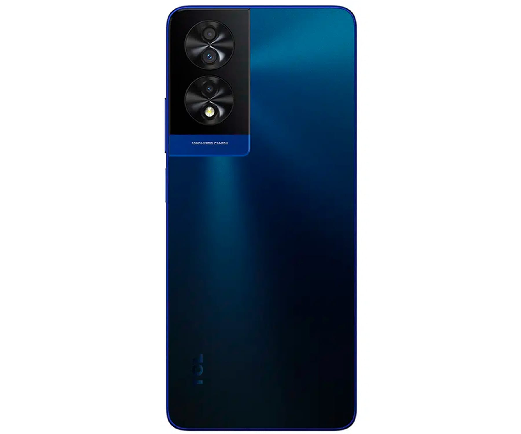 Blauwe smartphone achterkant met dubbele camera's en een donkere gradient.