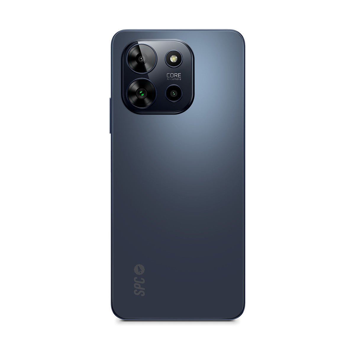 Parte trasera de smartphone azul con cámaras y logo. Fondo blanco.