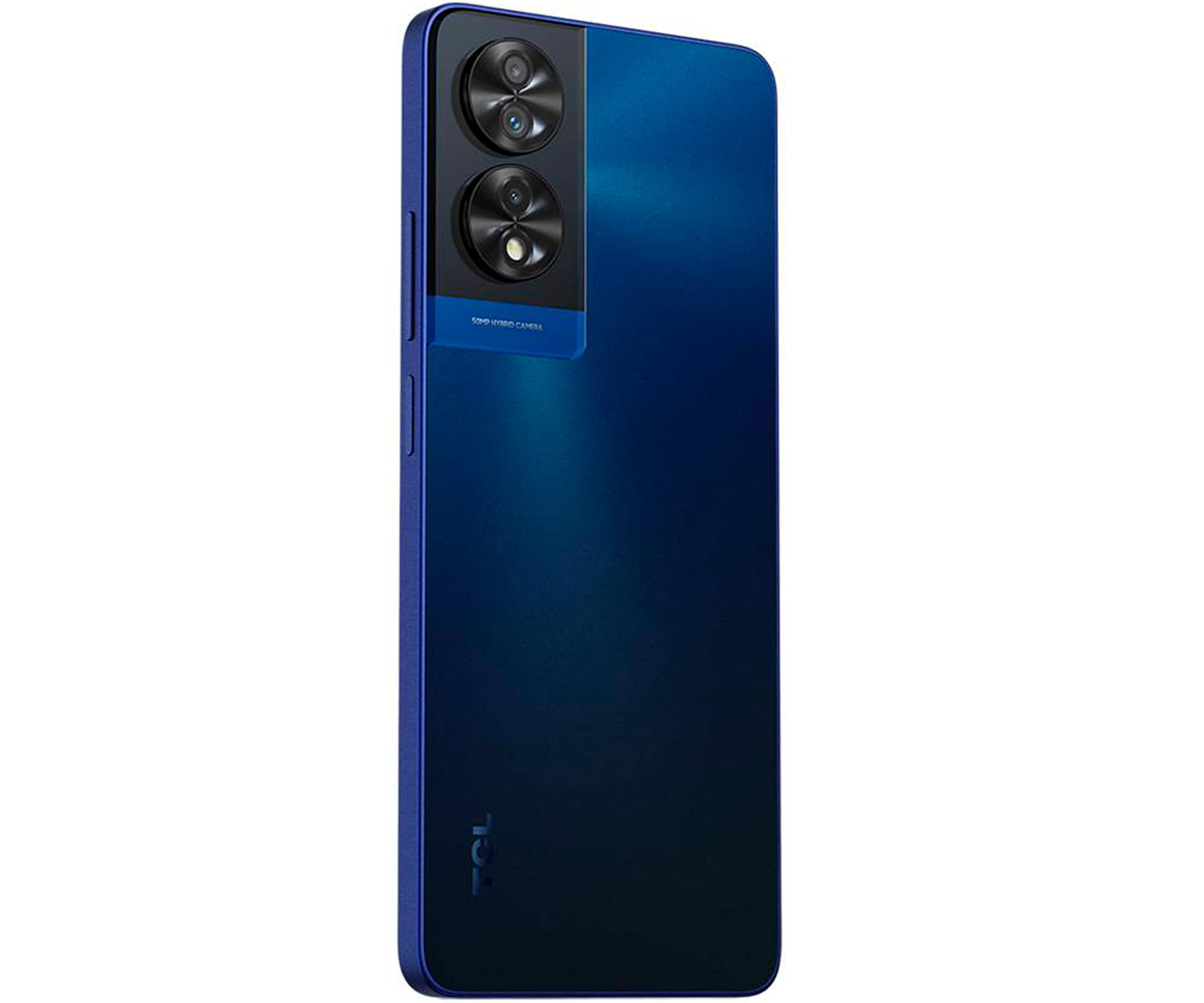 Blauwe telefoon met een dubbel camerasysteem. De achterkant van de telefoon is zichtbaar.