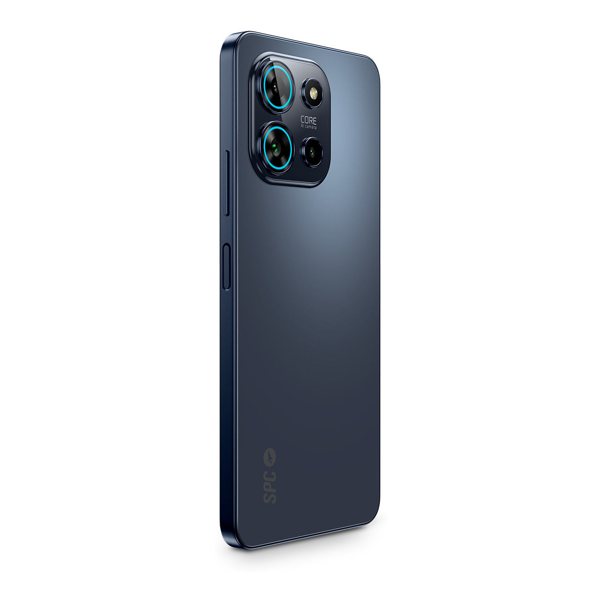 Smartphone azul oscuro. La parte trasera muestra un módulo de cámara y el logotipo de SPC.