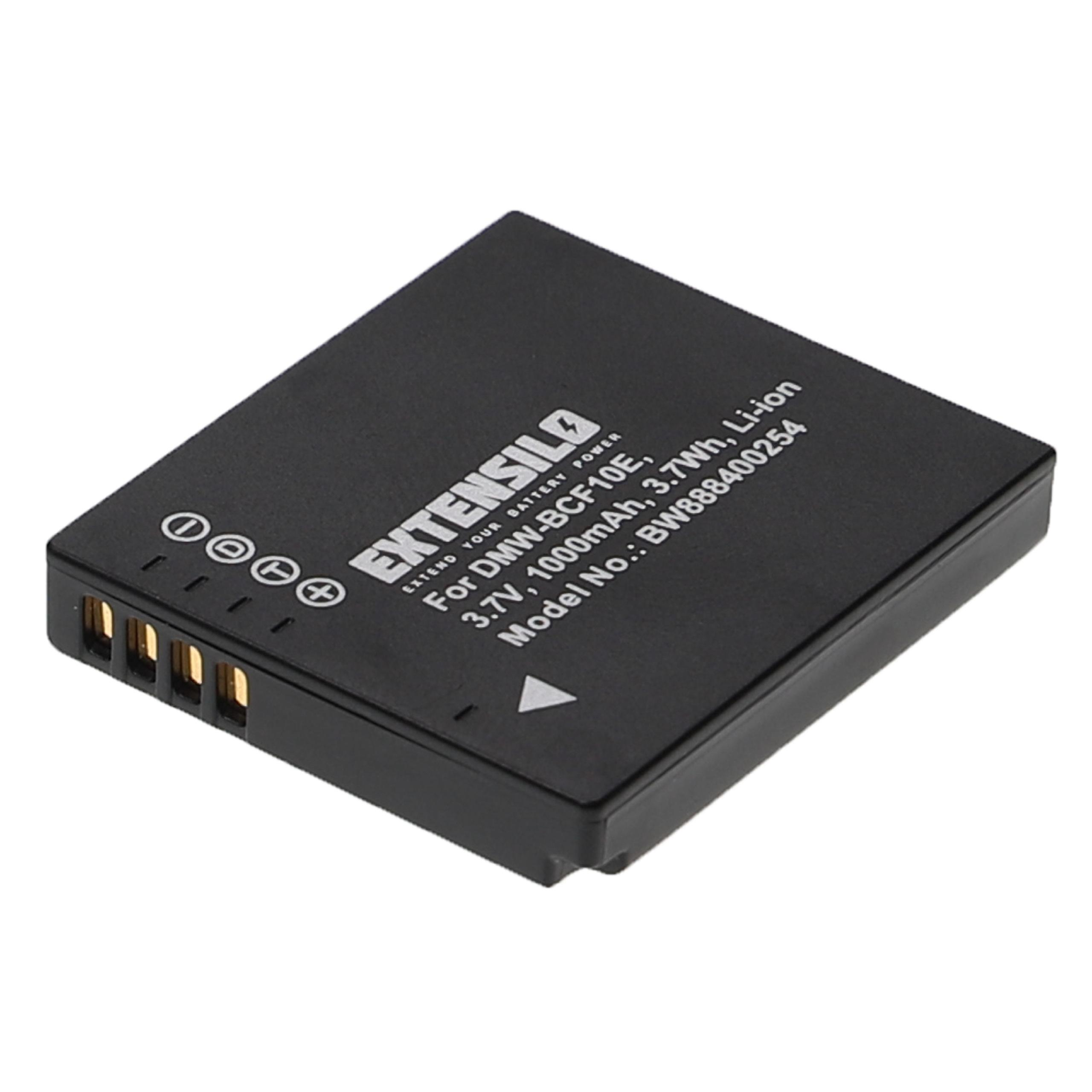 Schwarzer Akku mit weißem Text. Er lautet: 'EXTENSILO, For DMW-BCF10E, 3,7 V, 1000 mAh, 3,7 Wh, Li-Ion, Modell-Nr.: BW888400254'.