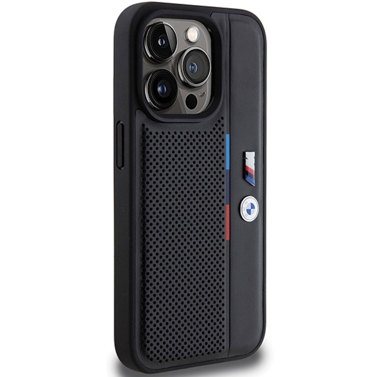 Custodia nera per telefono con logo BMW, sezione perforata e strisce colorate.