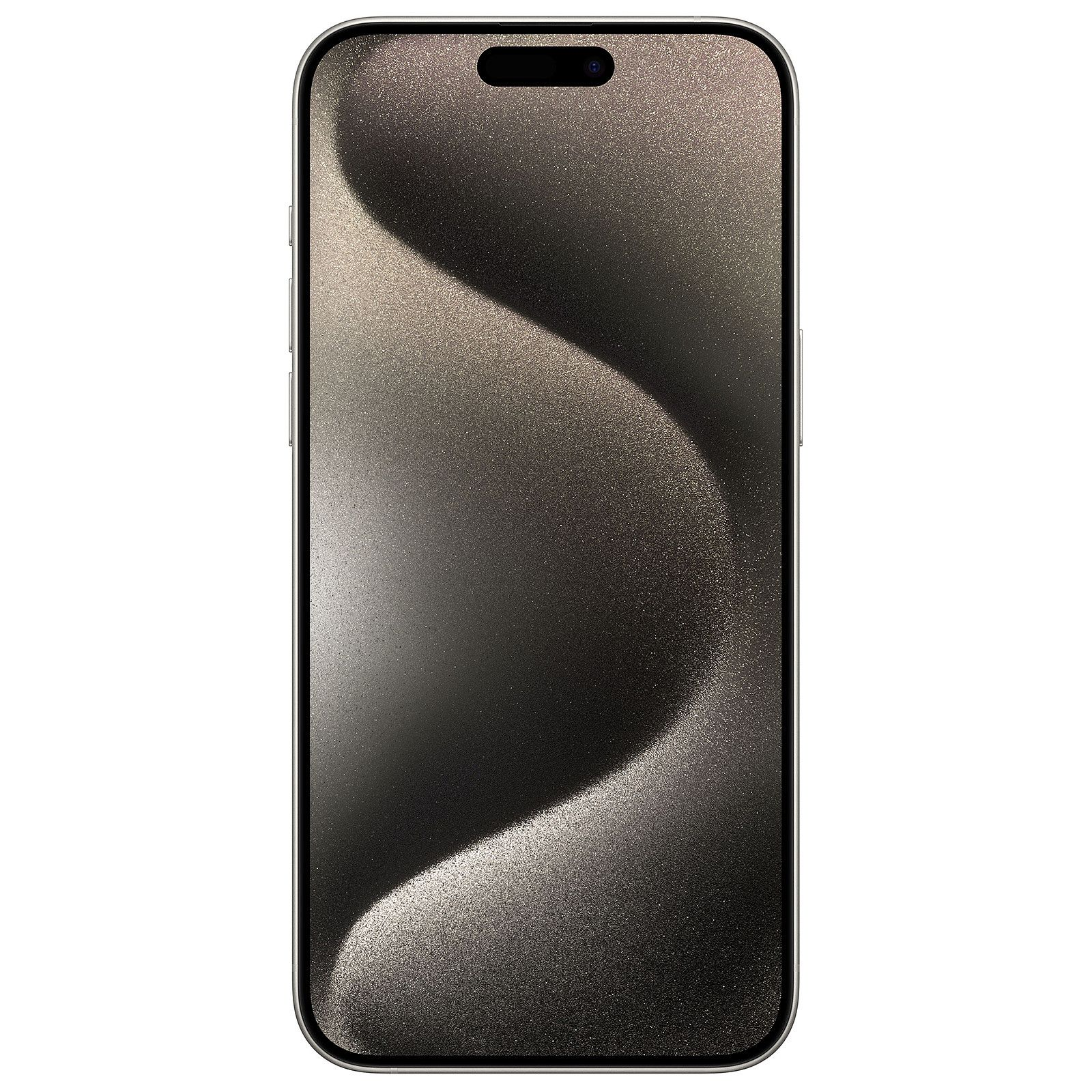 Ein schwarzes Smartphone mit einem wellenförmigen, strukturierten Hintergrund auf dem Bildschirm. Es hat einen silbernen Rahmen.