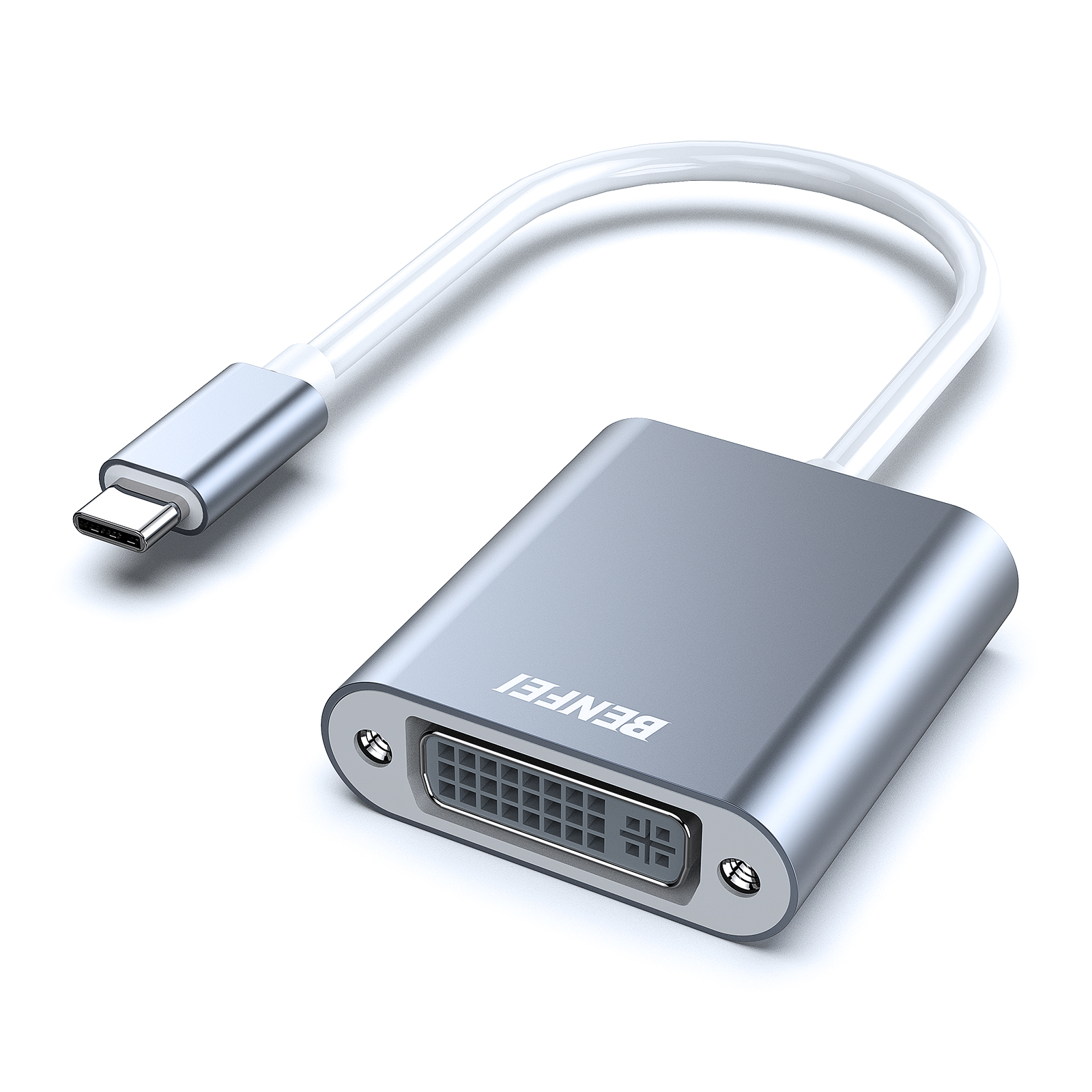 Silberner USB-C-auf-DVI-Adapter mit flexiblem Kabel und silbernem Stecker. Das BENFEI-Logo ist sichtbar.