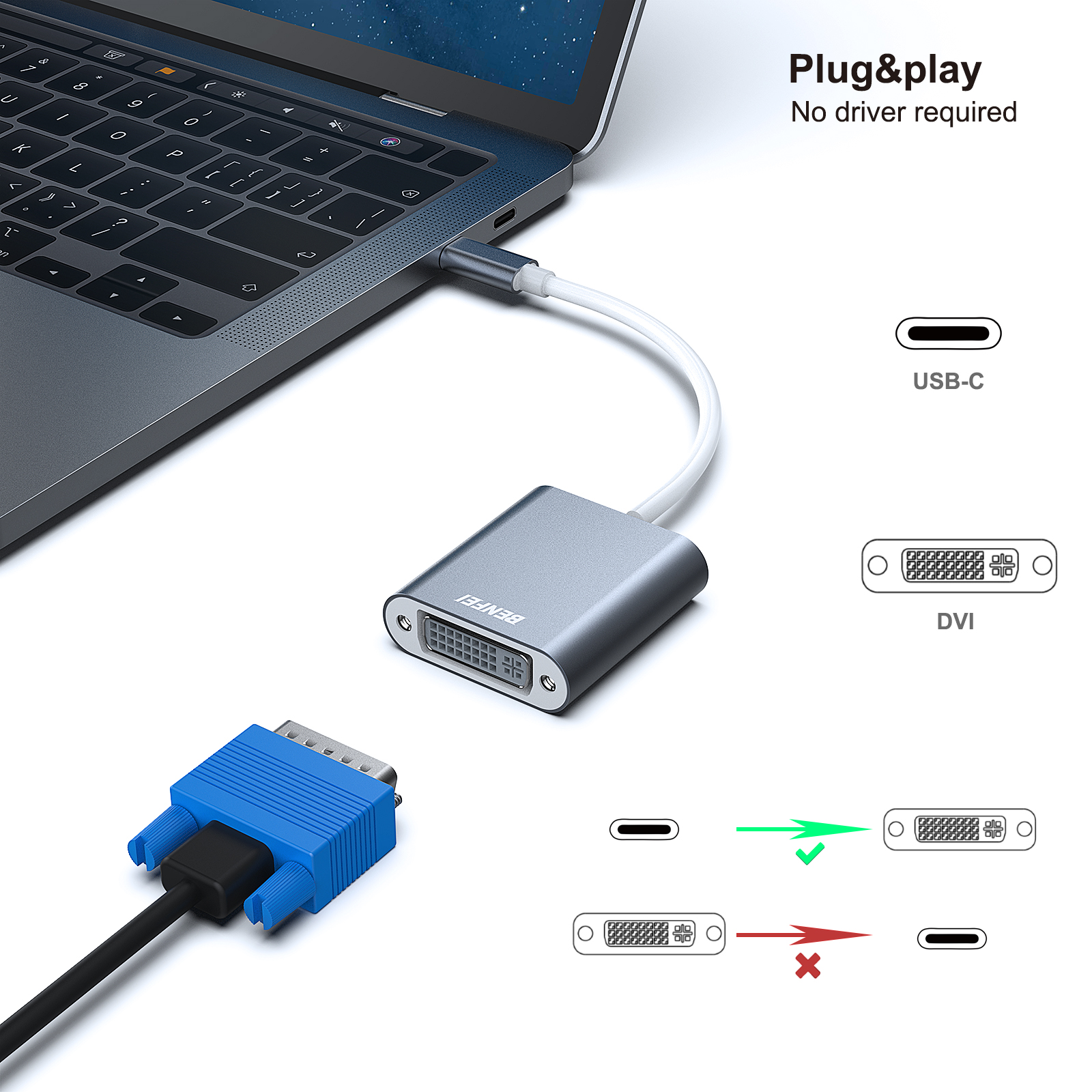 Laptop verbunden mit silbernem Adapter mit Kabeln.