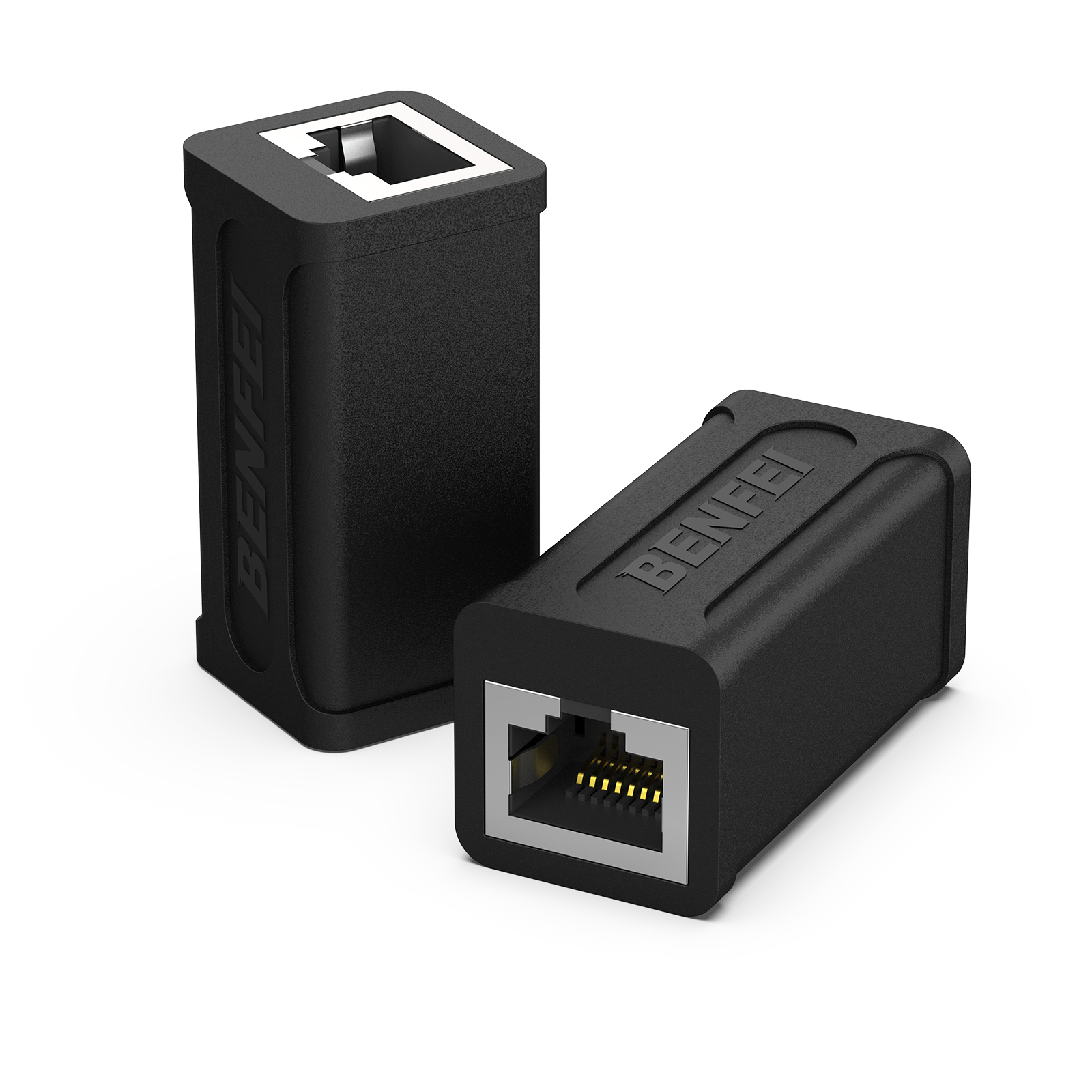 Zwei schwarze Benfei-RJ45-Netzwerkkabel-Stecker. Jeder hat einen Anschluss und den Firmennamen.