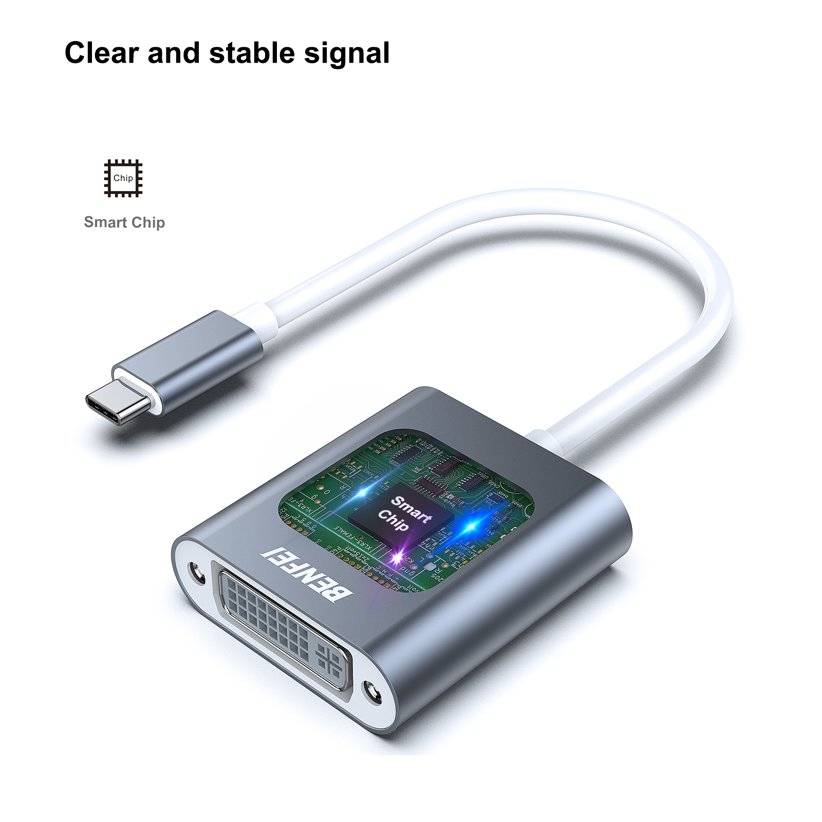 Ein silberner Adapter mit USB-C- und DVI-Anschluss. Es zeigt einen Smart-Chip.