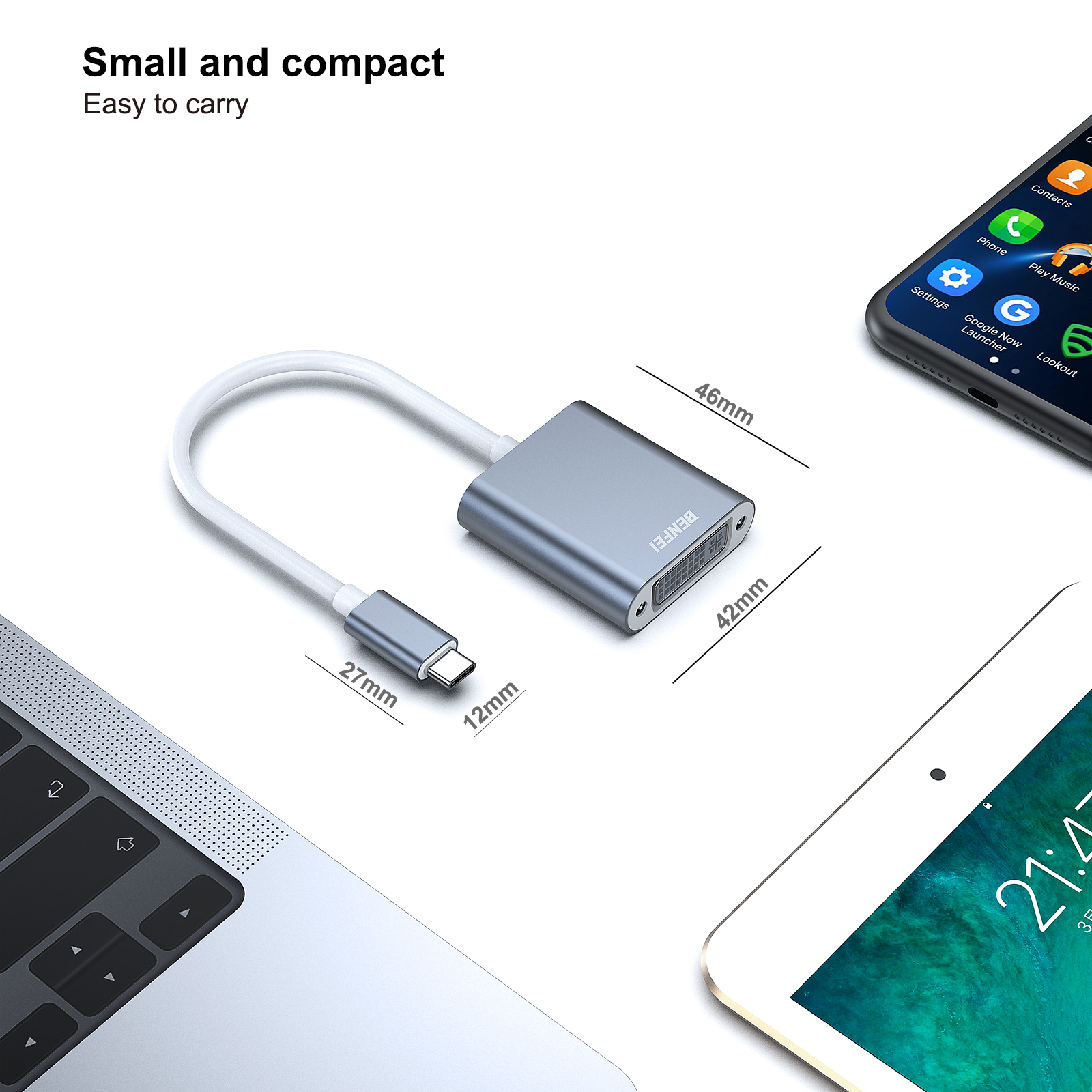 USB-C-zu-DVI-Adapter mit Kabel. Ein Tablet und ein Laptop werden als Kontext gezeigt.