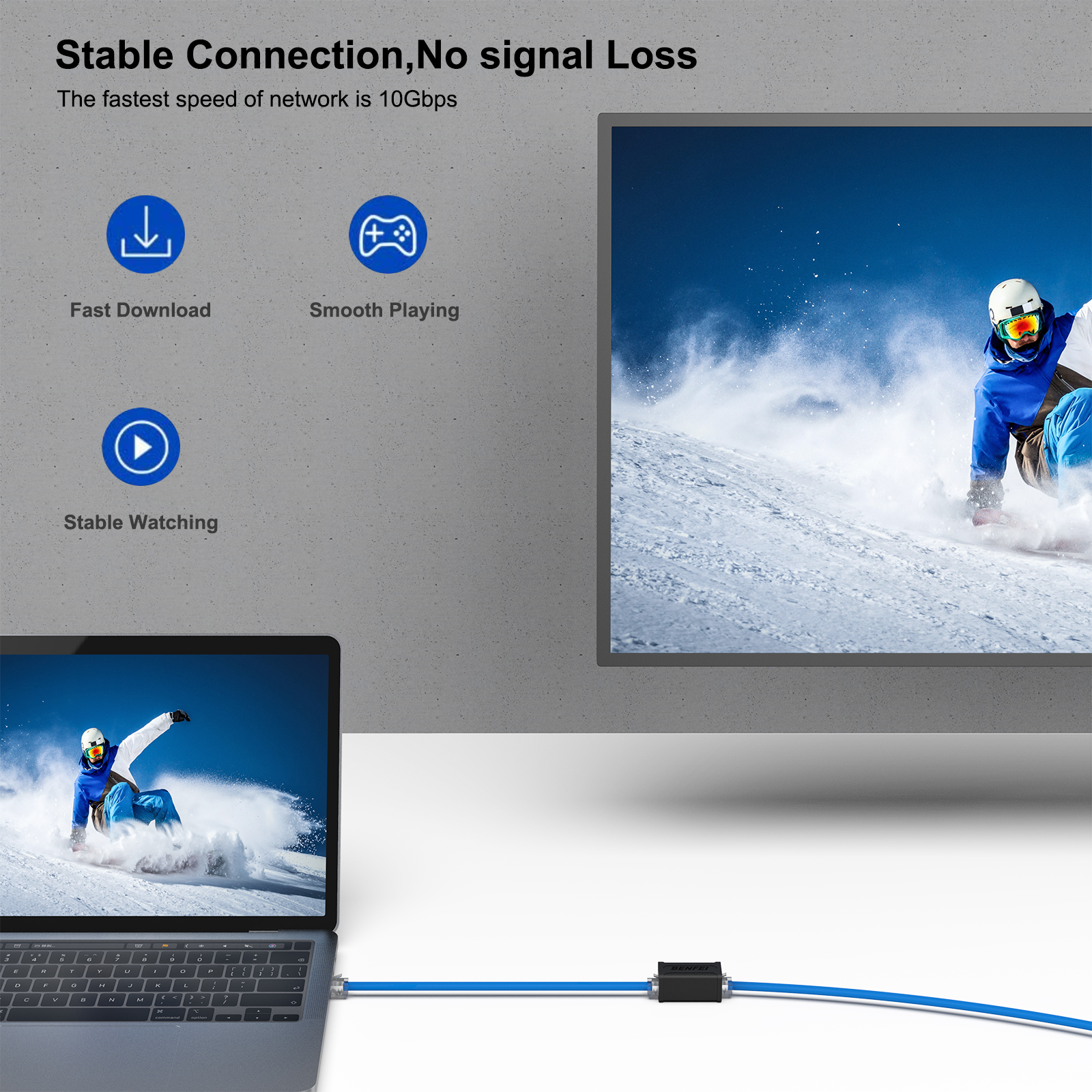 Bild zeigt Laptop mit Fernseher verbunden, mit Download-, Wiedergabe- und Watch-Symbolen und einem Skifahrer.
