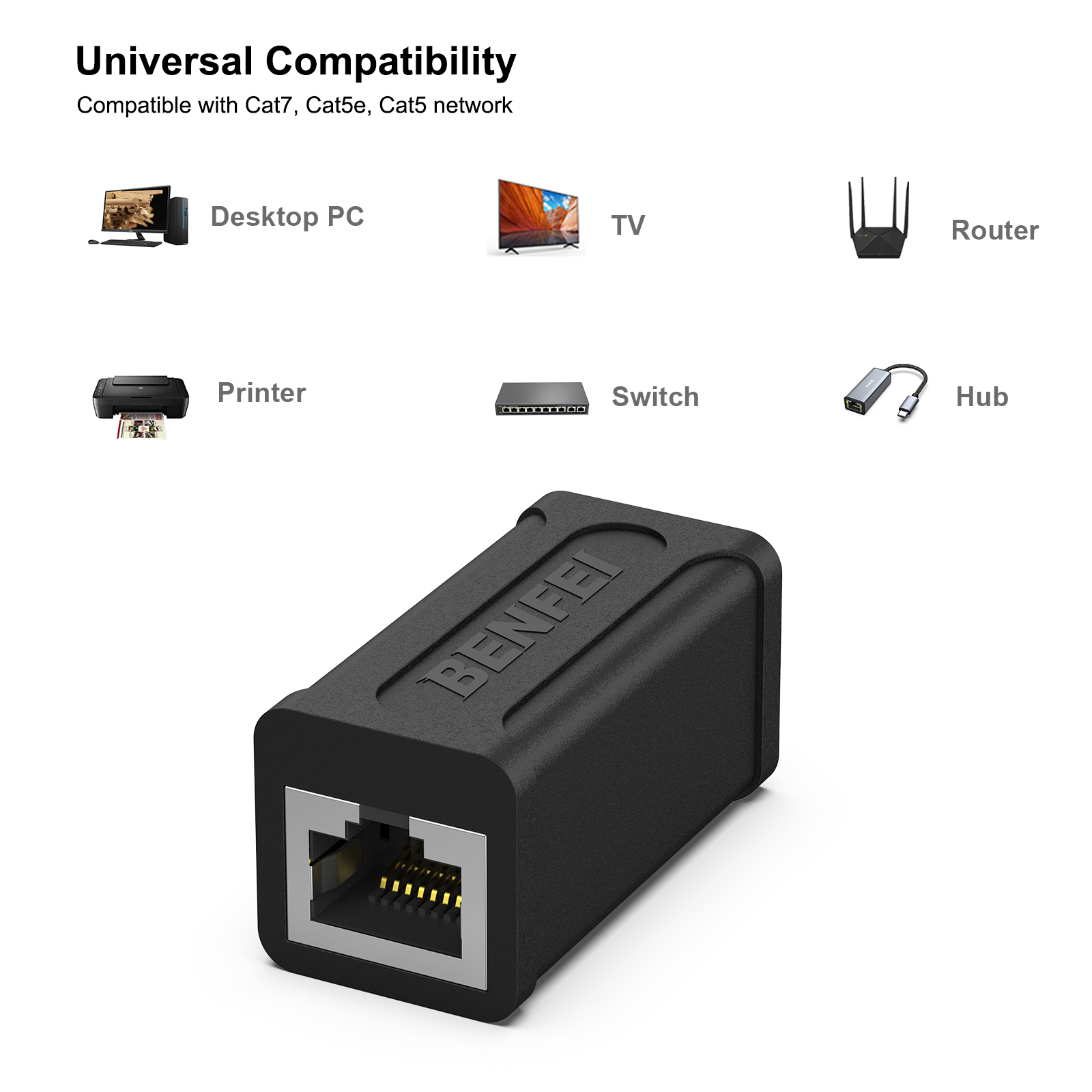 Schwarzer Netzwerkadapter mit RJ45-Anschluss, beschriftet mit 'BENEE'. Verschiedene Netzwerkgeräte.