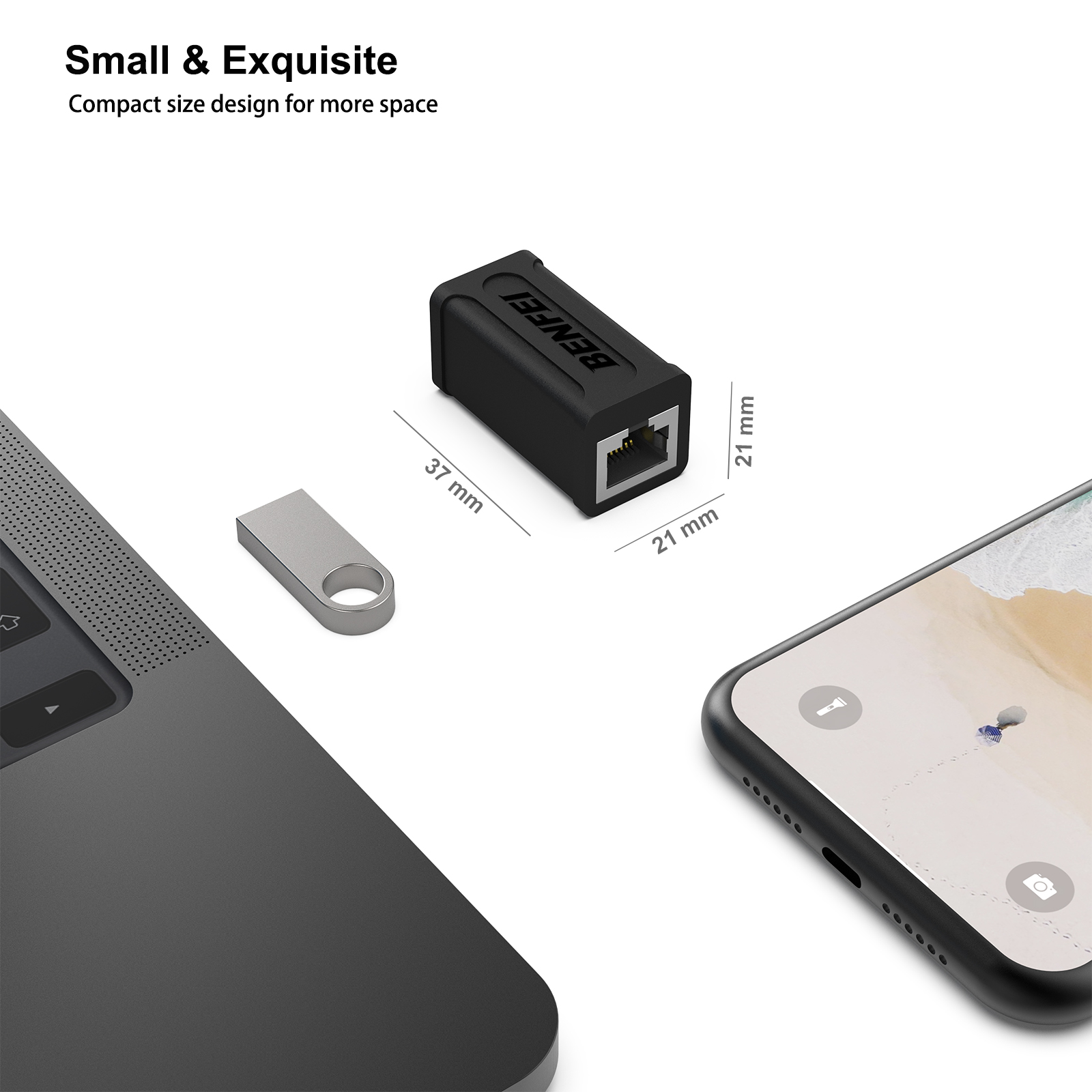 Schwarzer Benfei Ethernet-Adapter und ein silberner USB-Stick neben einem Laptop und Telefon.