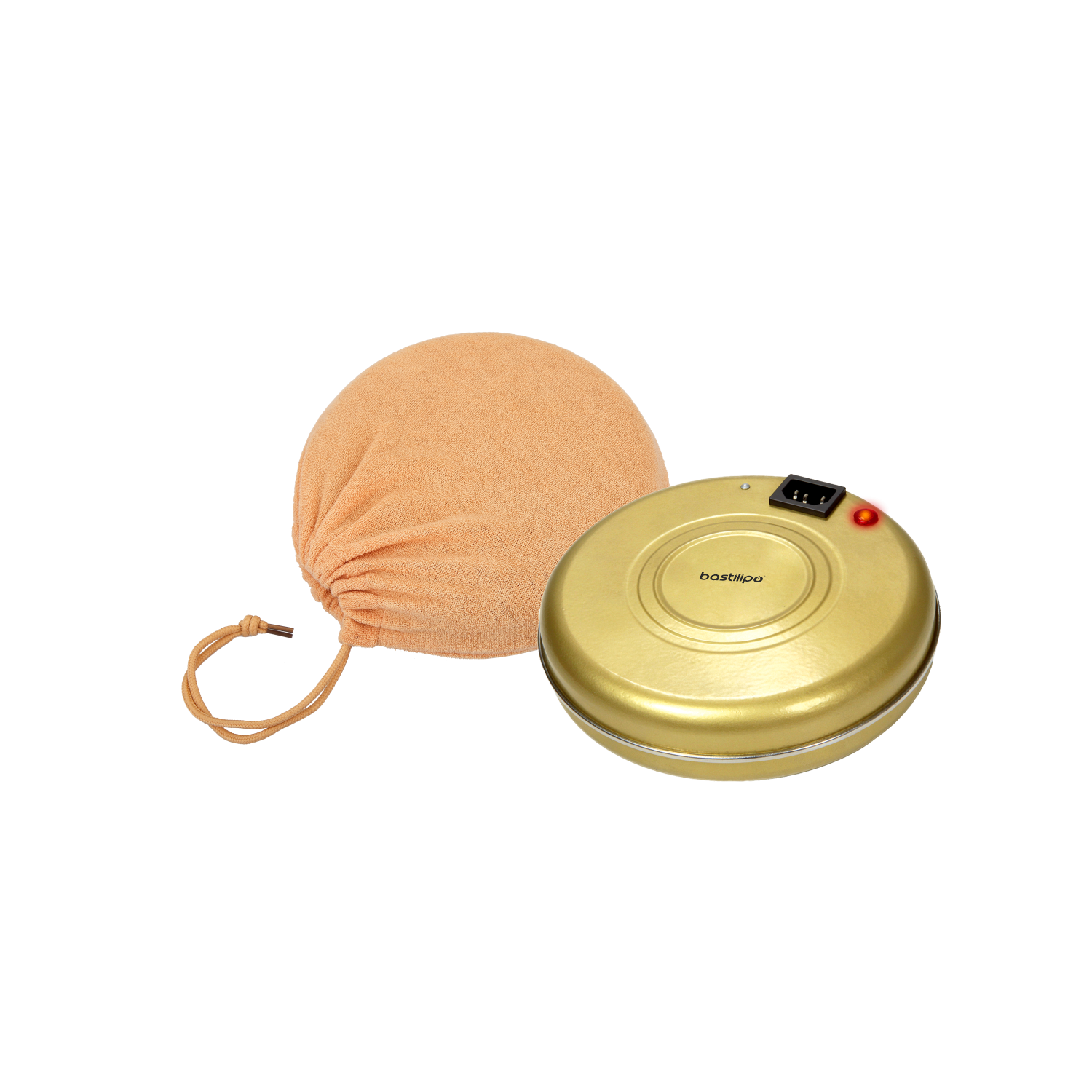 Un calienta alimentos dorado y una bolsa beige sobre una superficie negra.