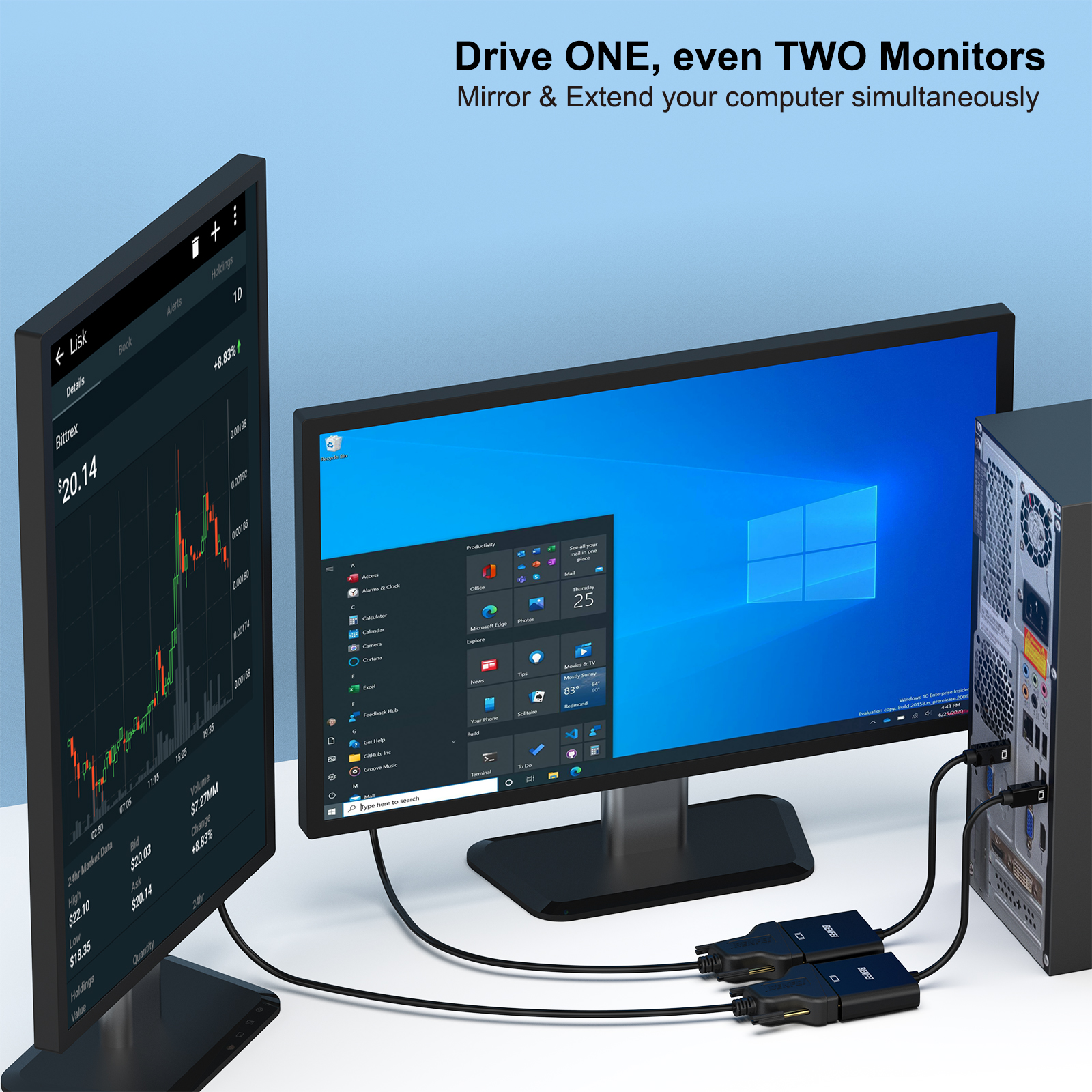 Zwei Monitore mit unterschiedlichen Oberflächen, an einen Computer angeschlossen.